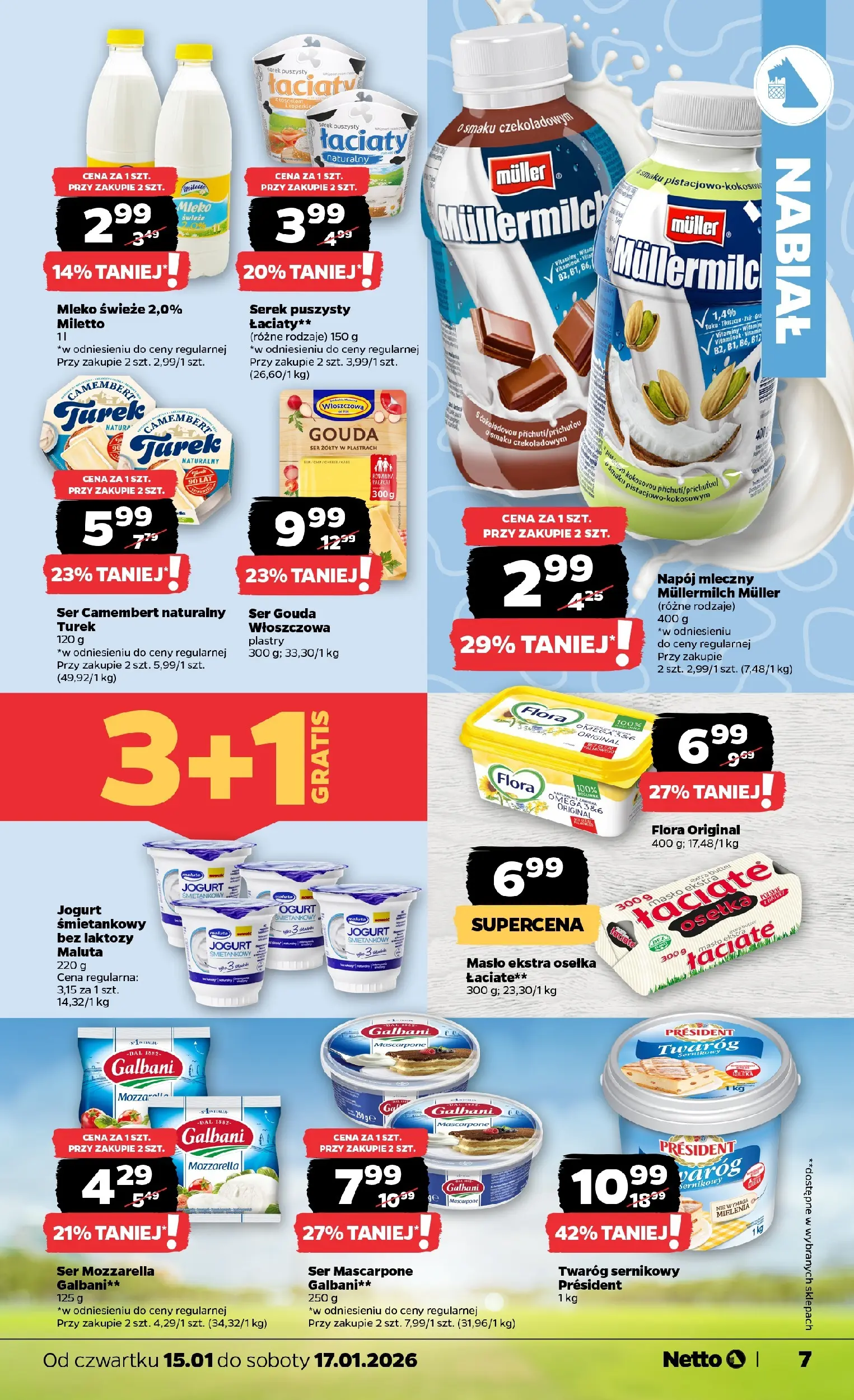 Netto gazetka - Spożywcza od 15.01.2026 - Aktualne promocje | Strona: 7 | Produkty: Masło ekstra osełka, Ser camembert, Mleko, Ser