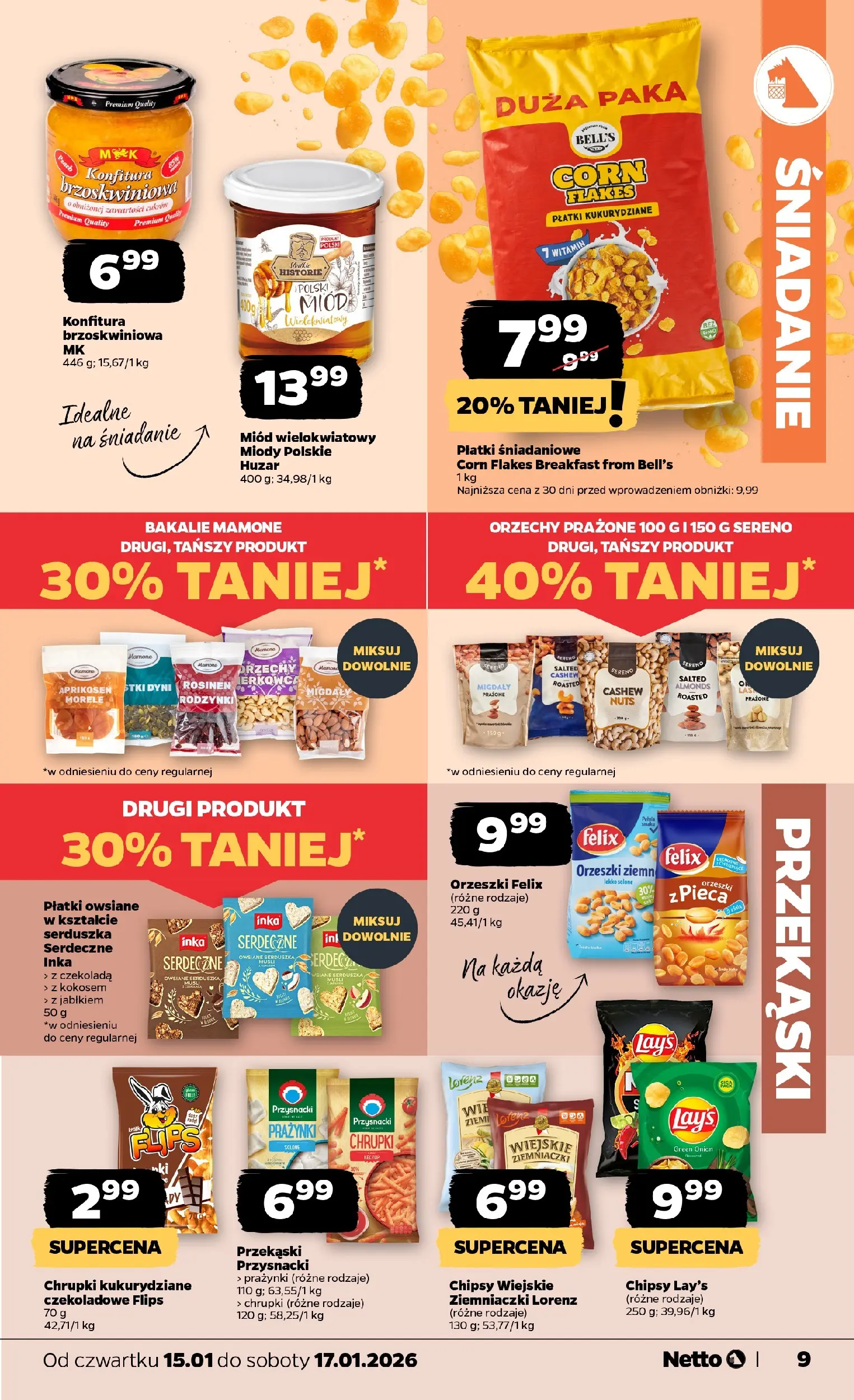 Netto gazetka - Spożywcza od 15.01.2026 - Aktualne promocje | Strona: 9 | Produkty: Miód, Płatki owsiane, Chrupki, Płatki śniadaniowe