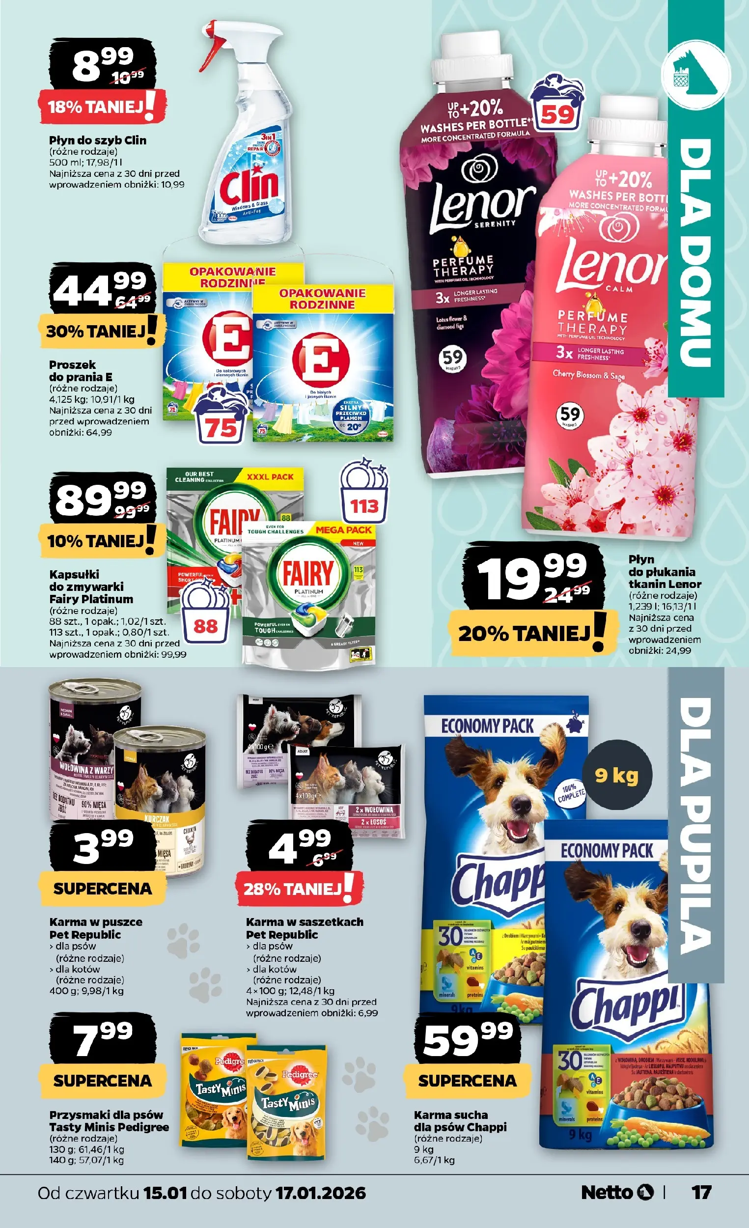 Netto gazetka - Spożywcza od 15.01.2026 - Aktualne promocje | Strona: 17 | Produkty: Płyn do szyb Clin, Pedigree, Kapsułki fairy, Fairy