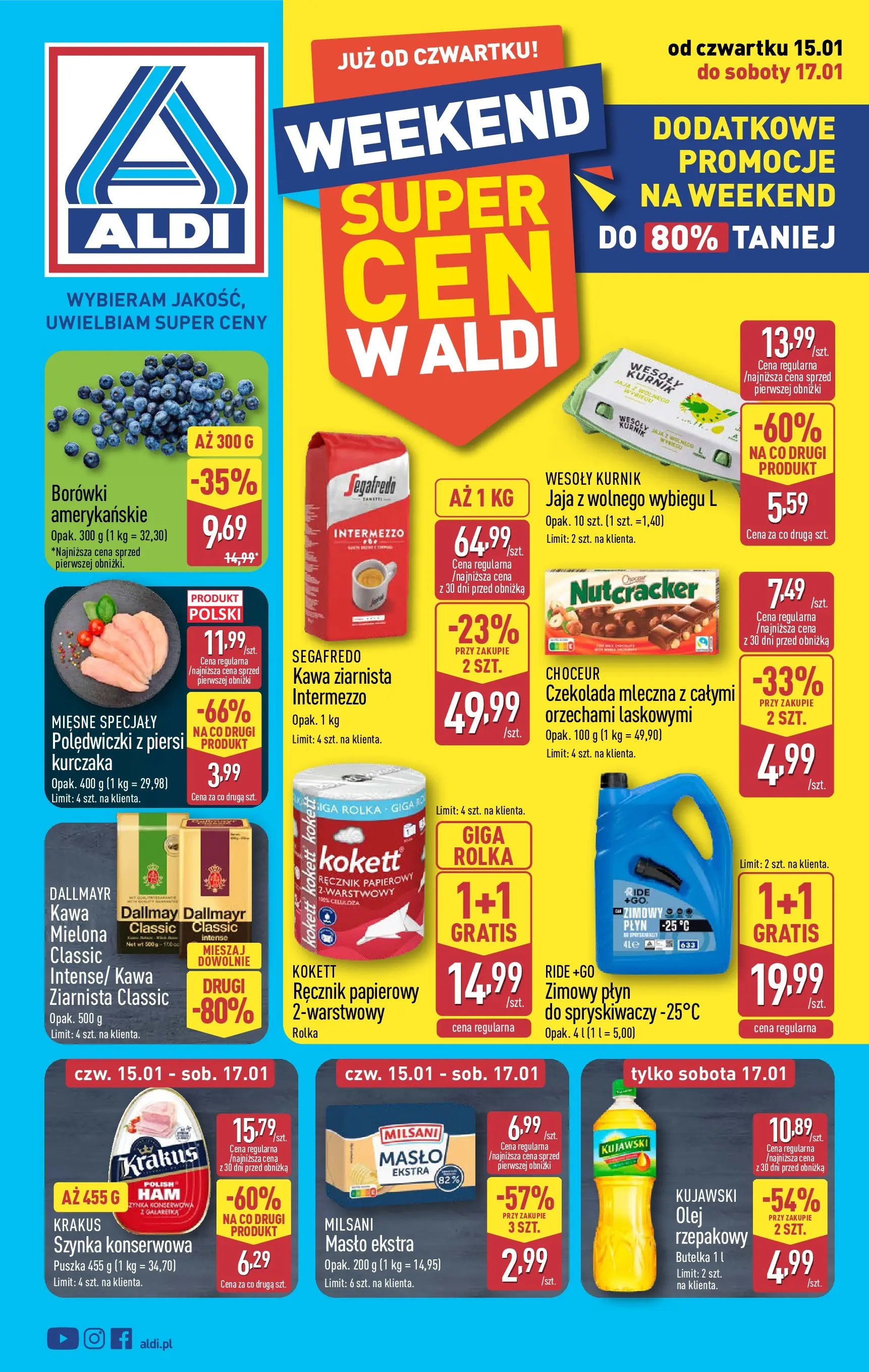 Aldi Gazetka - Okazje na weekend od 15.01.2026 - Ulotka PDF, promocje | Strona: 1 | Produkty: Czekolada mleczna, Kawa ziarnista, Szynka, Kawa