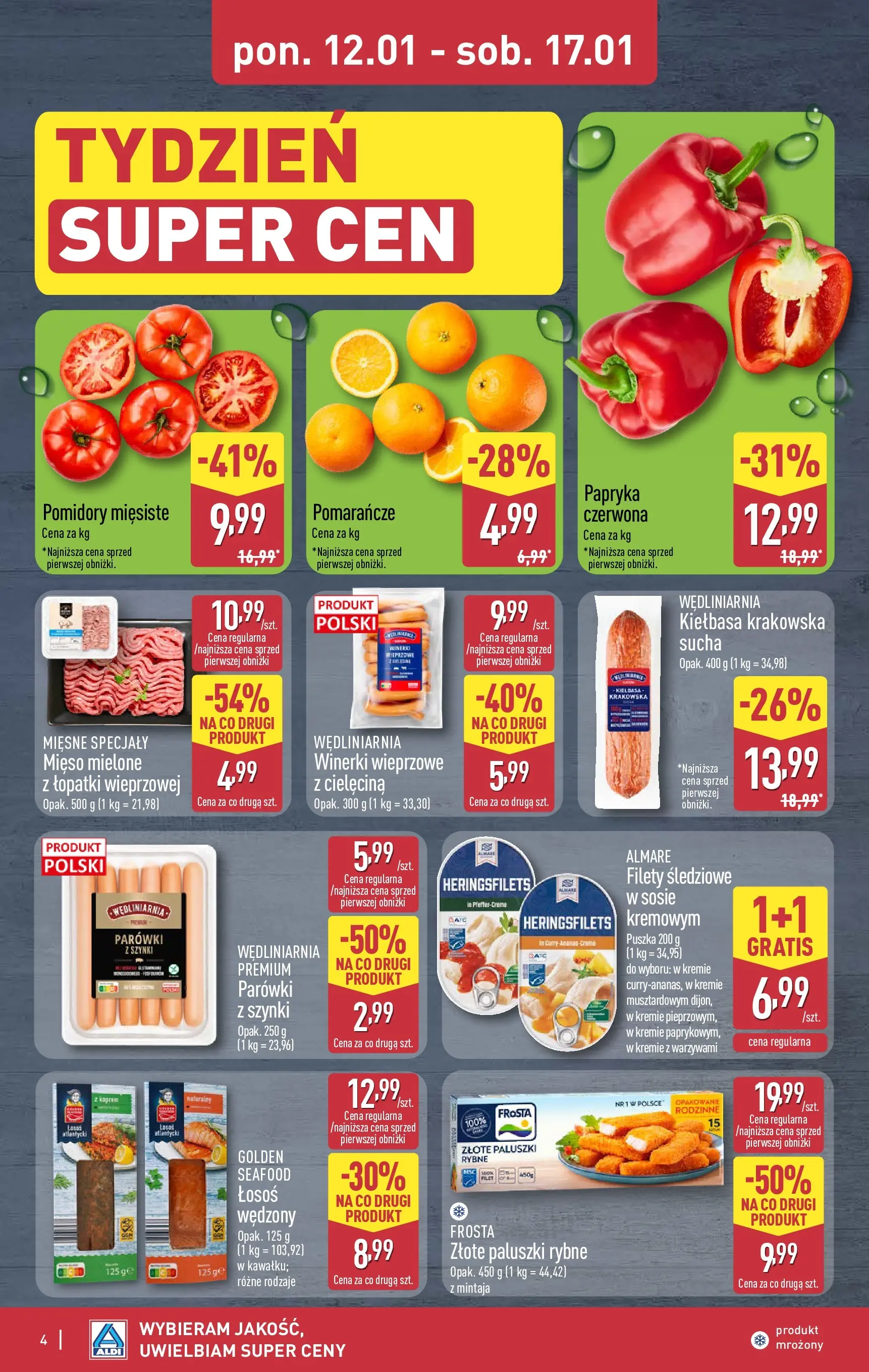 Aldi Gazetka - Okazje na weekend od 15.01.2026 - Ulotka PDF, promocje | Strona: 4 | Produkty: Mięso, Kiełbasa krakowska, Paluszki, Pomidory