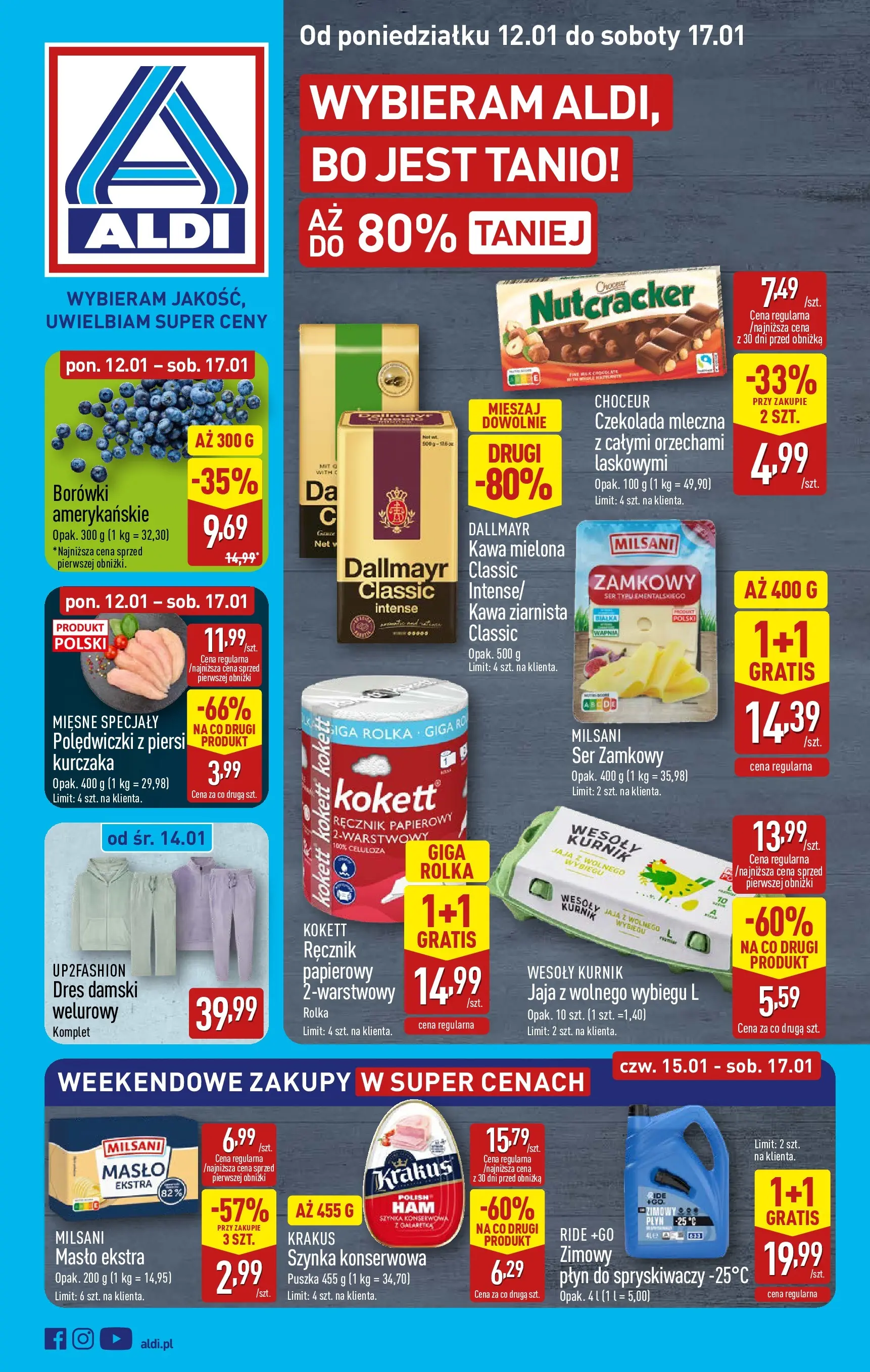 Aldi Gazetka od 12.01.2026 - Ulotka PDF, promocje | Strona: 1 | Produkty: Czekolada mleczna, Szynka, Płyn do spryskiwaczy, Jaja