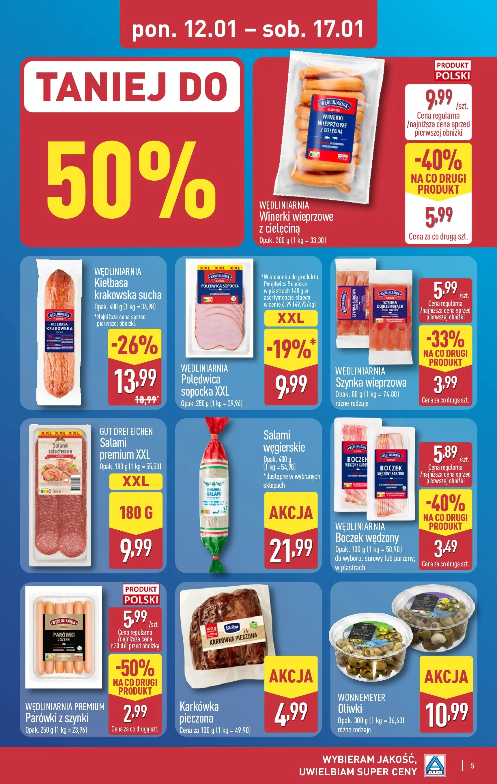 Aldi Gazetka od 12.01.2026 - Ulotka PDF, promocje | Strona: 5 | Produkty: Kiełbasa, Szynka wieprzowa, Parówki, Kiełbasa krakowska