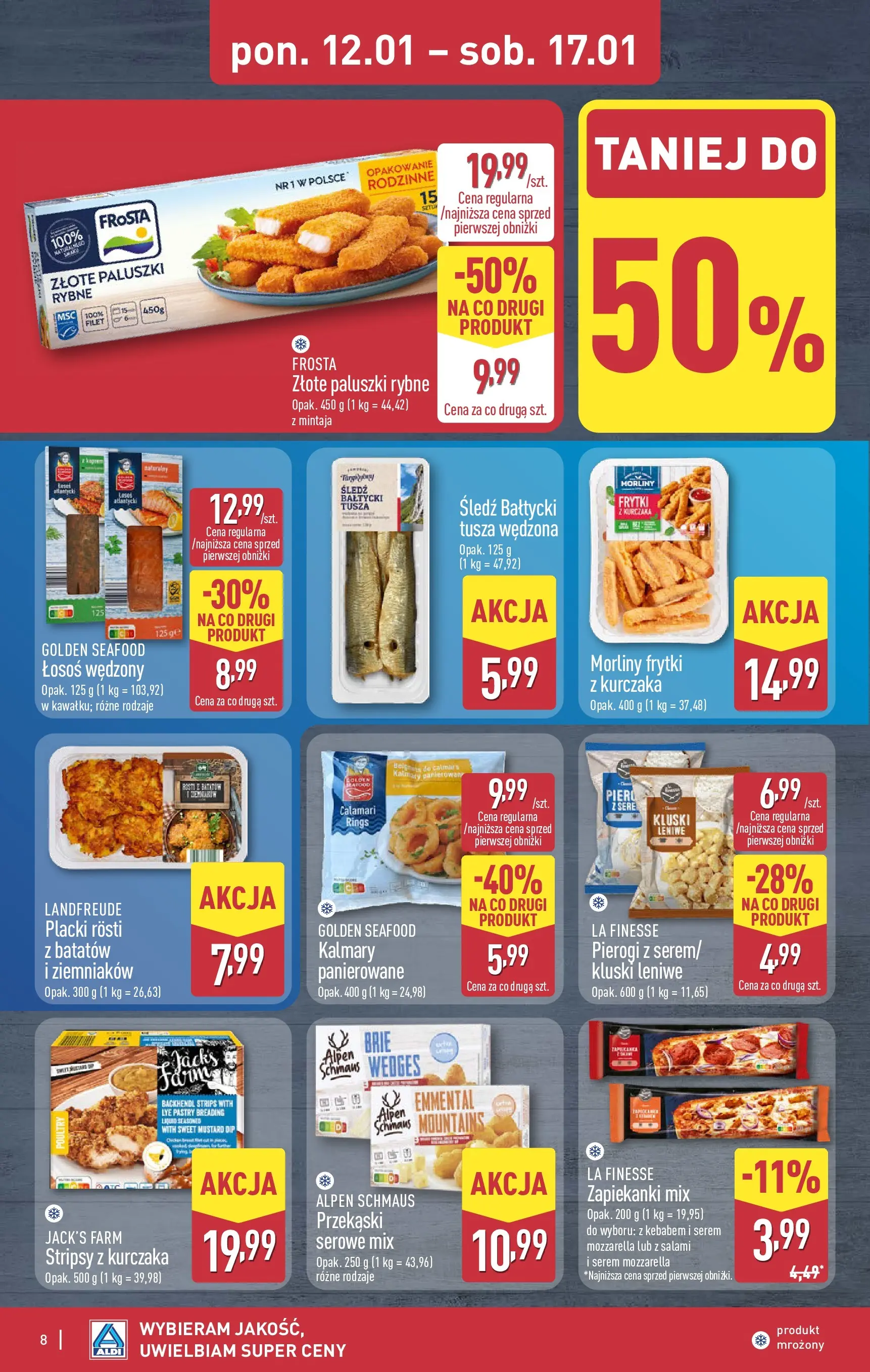 Aldi Gazetka od 12.01.2026 - Ulotka PDF, promocje | Strona: 8 | Produkty: Łosoś, Salami, Zapiekanki, Frytki
