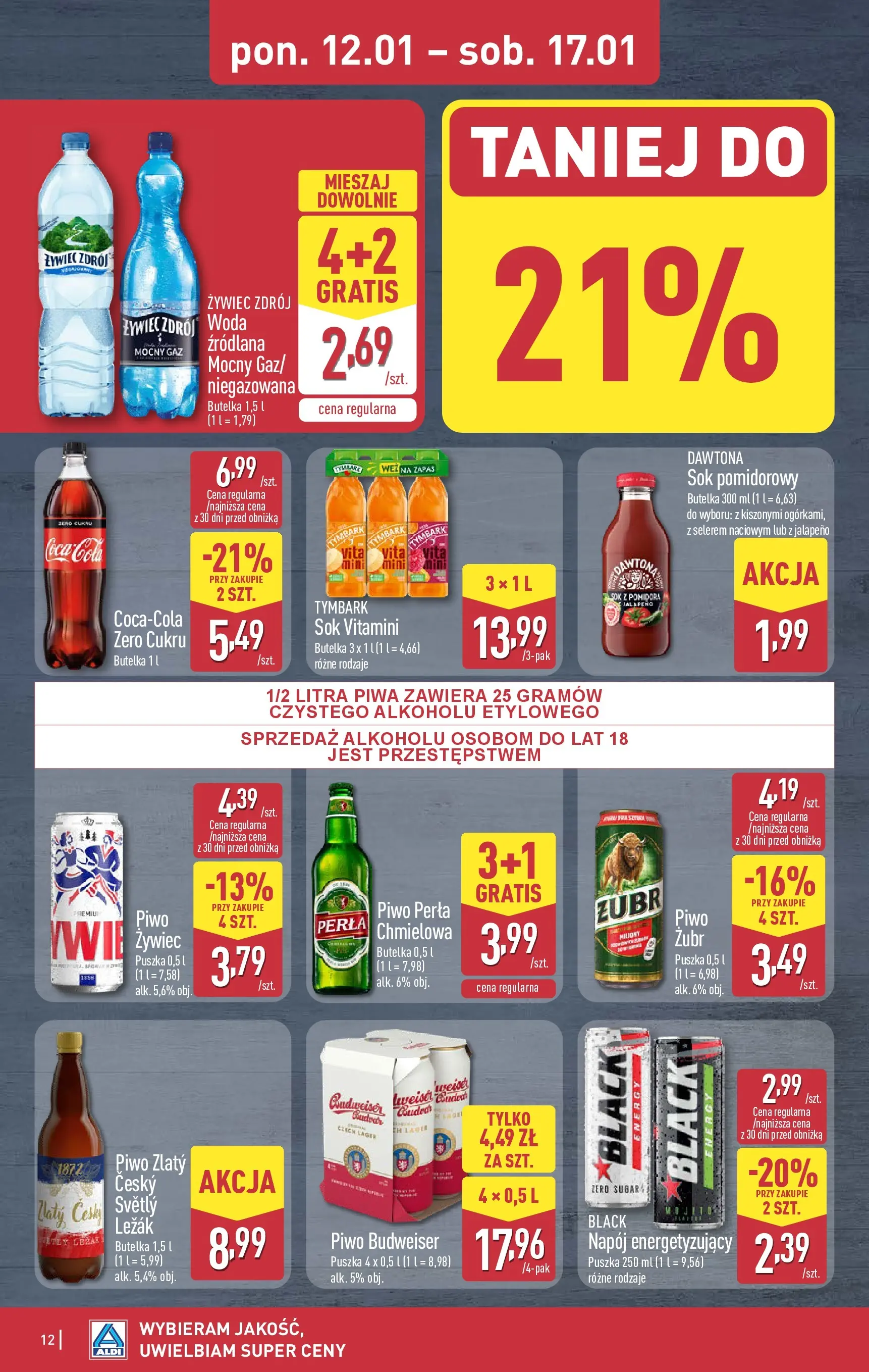 Aldi Gazetka od 12.01.2026 - Ulotka PDF, promocje | Strona: 12 | Produkty: Woda źródlana, Coca cola, Leżak, Sok