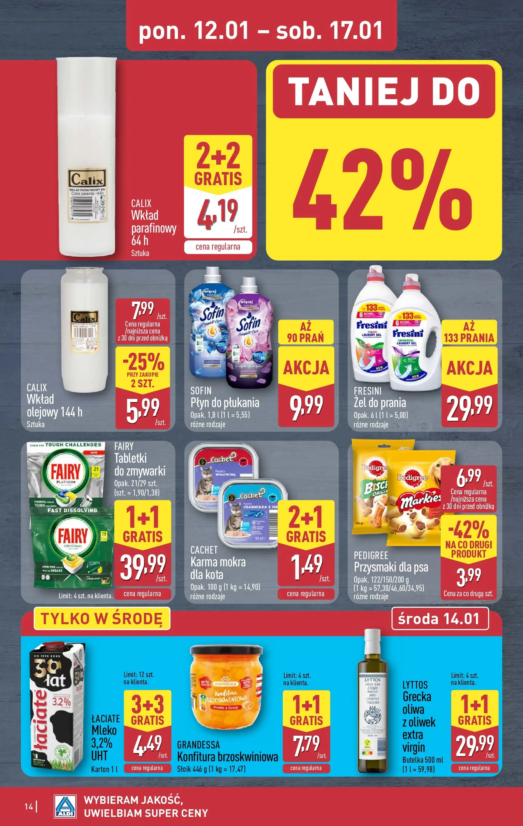 Aldi Gazetka od 12.01.2026 - Ulotka PDF, promocje | Strona: 14 | Produkty: Pedigree, Mleko, Przysmaki dla psa, Fairy