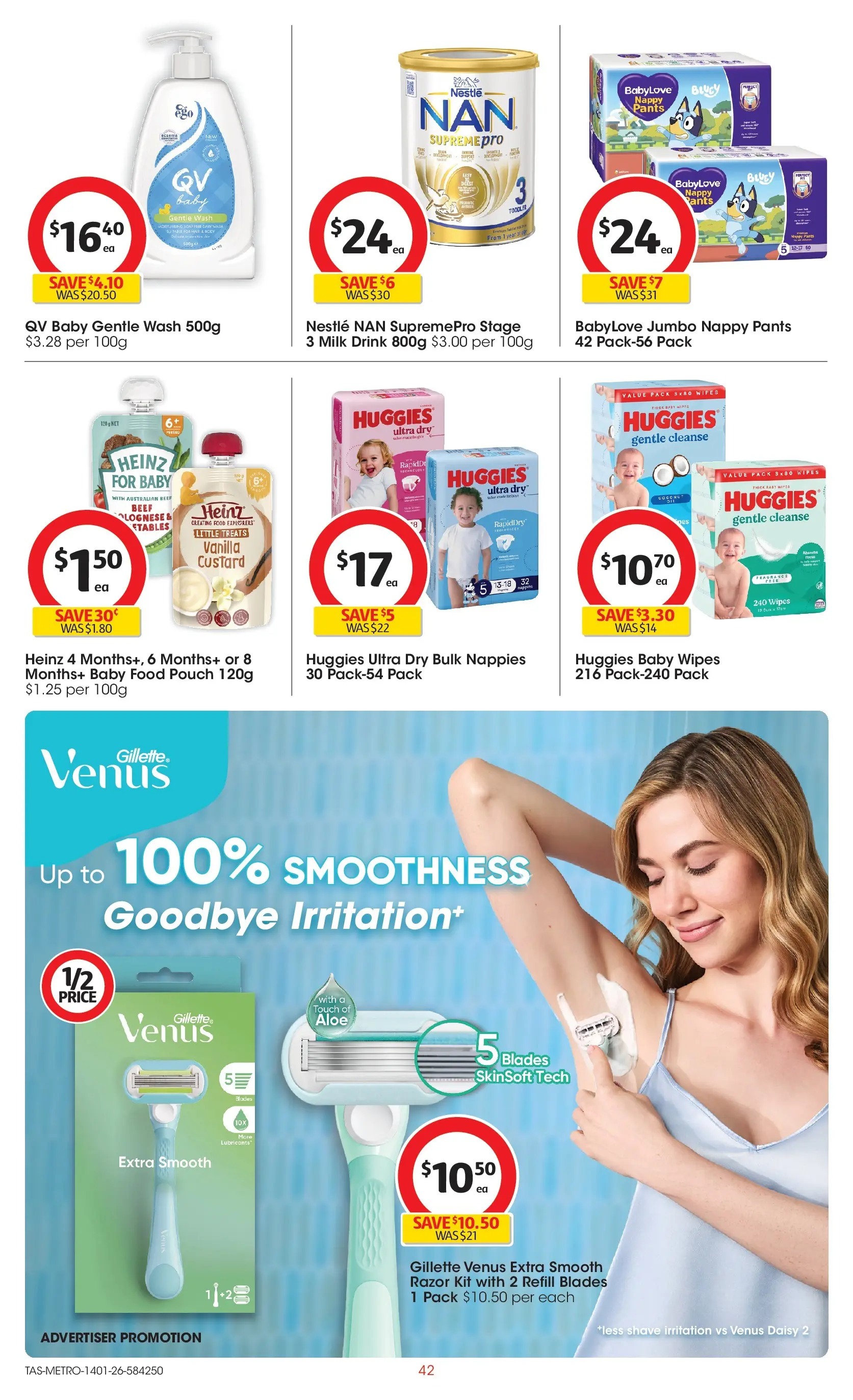 ﻿Coles catalogue valid from 14/01/2026 > Online Australia | Page: 42 | Products: Milk, Razor, Baby food, Pants