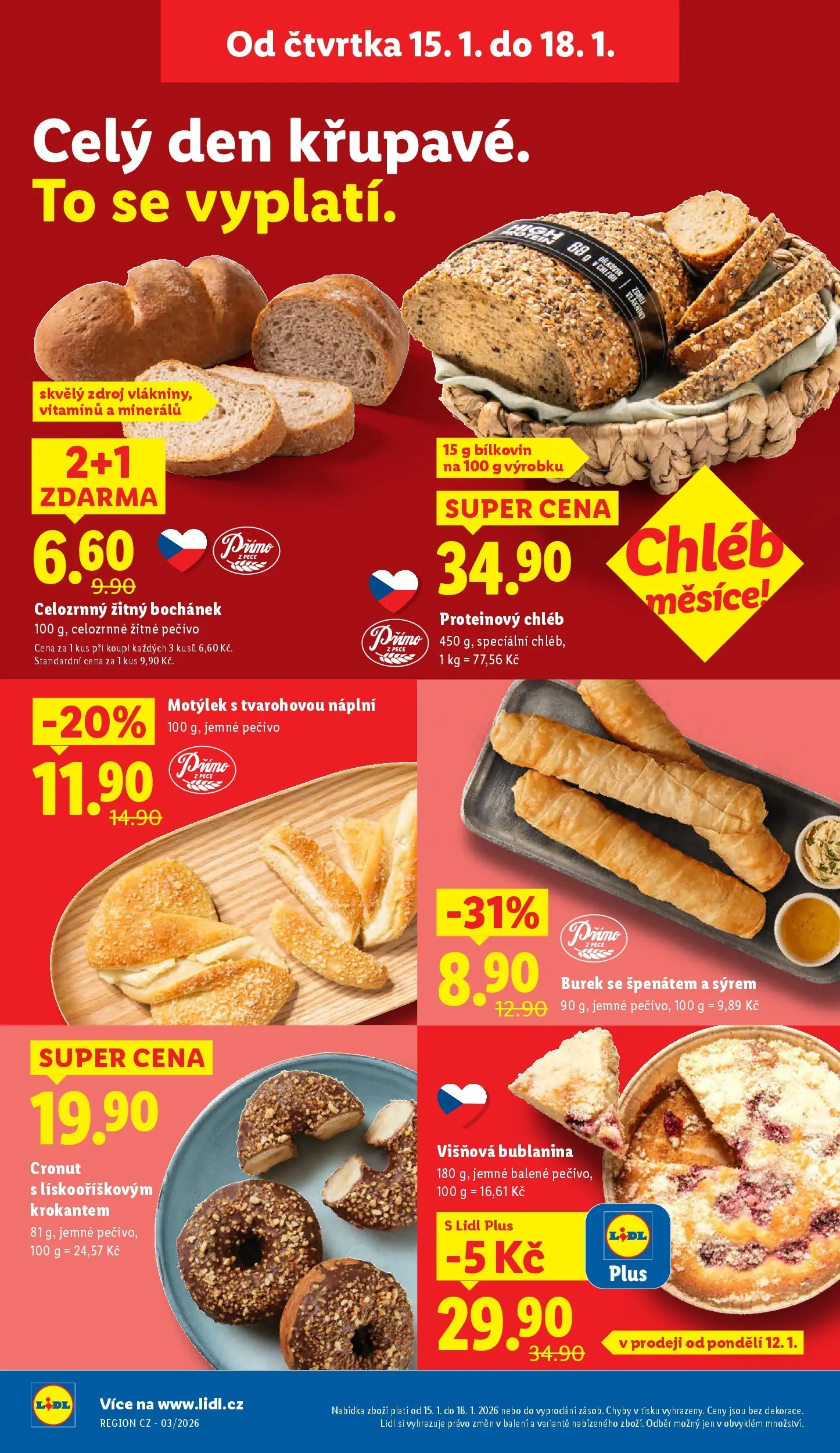 Lidl leták od 14.01.2026 - Nový akční leták | Strana: 12 | Produkty: Donut, Pečivo, Proteinový chléb, Burek