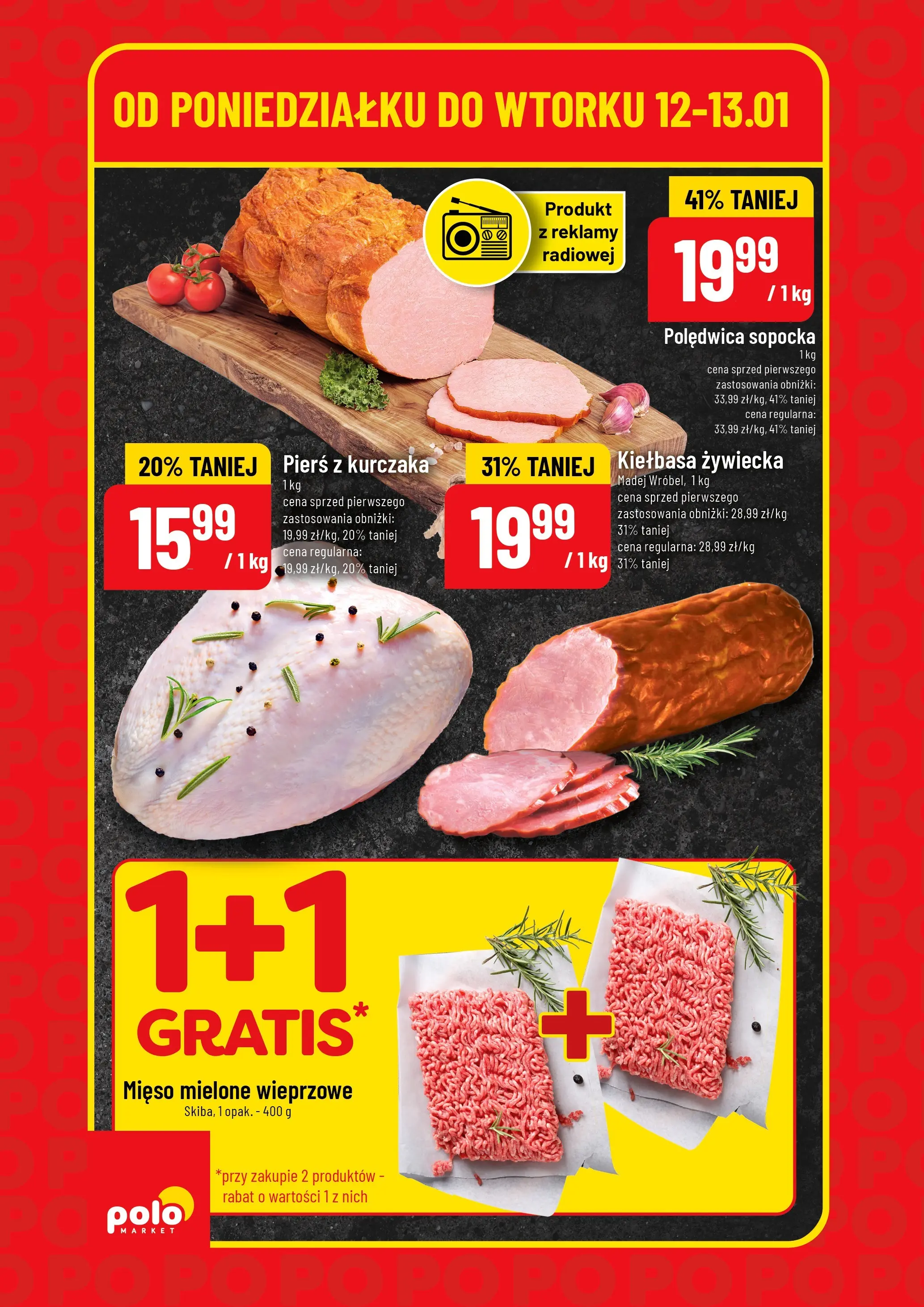 Nowa POLOmarket gazetka od jutra 12.01.2026 (PDF) | Strona: 2 | Produkty: Kiełbasa, Pierś z kurczaka, Mięso, Mięso mielone