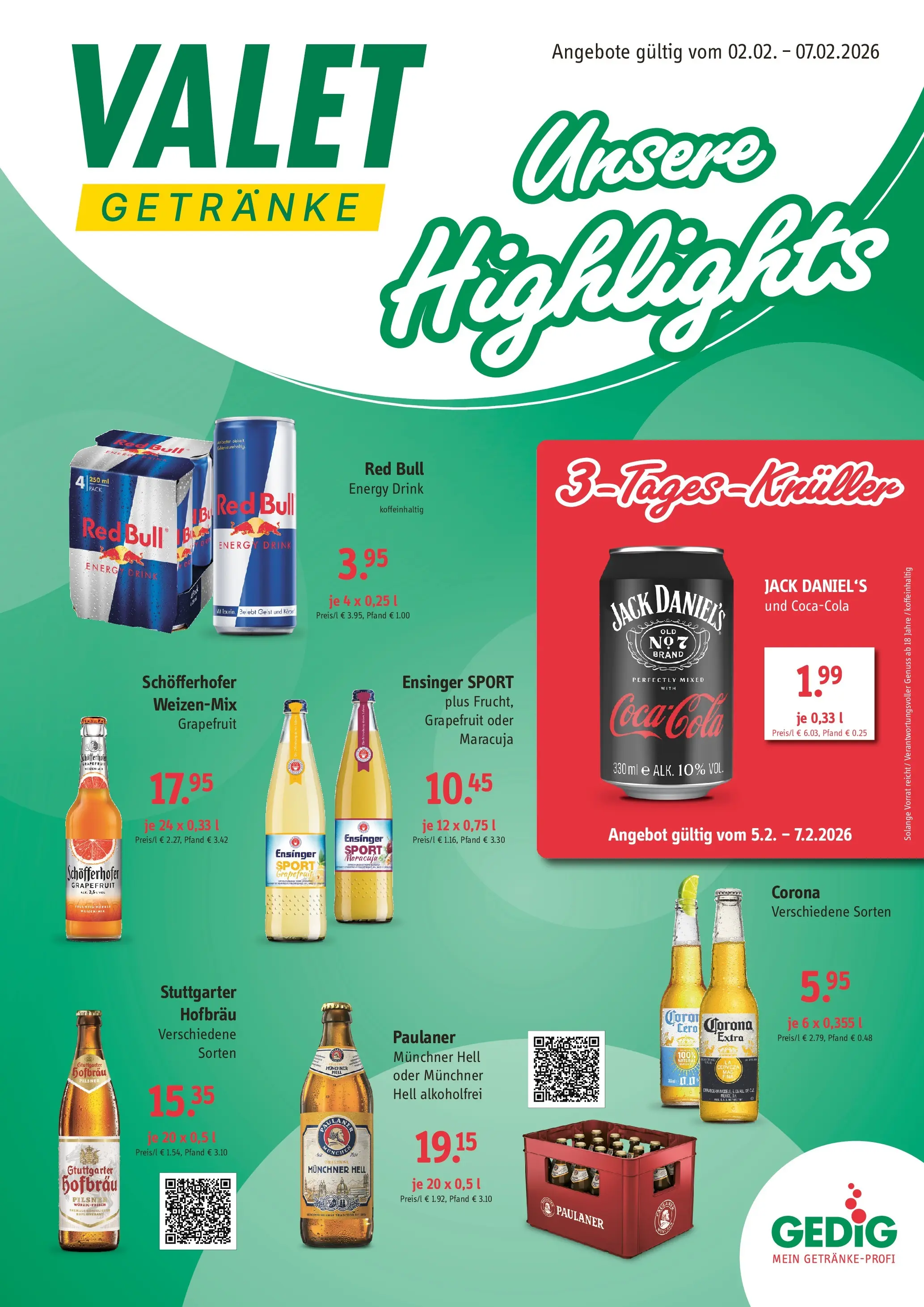 Angebote - Getränke Valet: Angebote (ab 01.02.2026) zum Blättern | Seite: 1 | Produkte: Red bull, Energy, Jack Daniel's, Paulaner