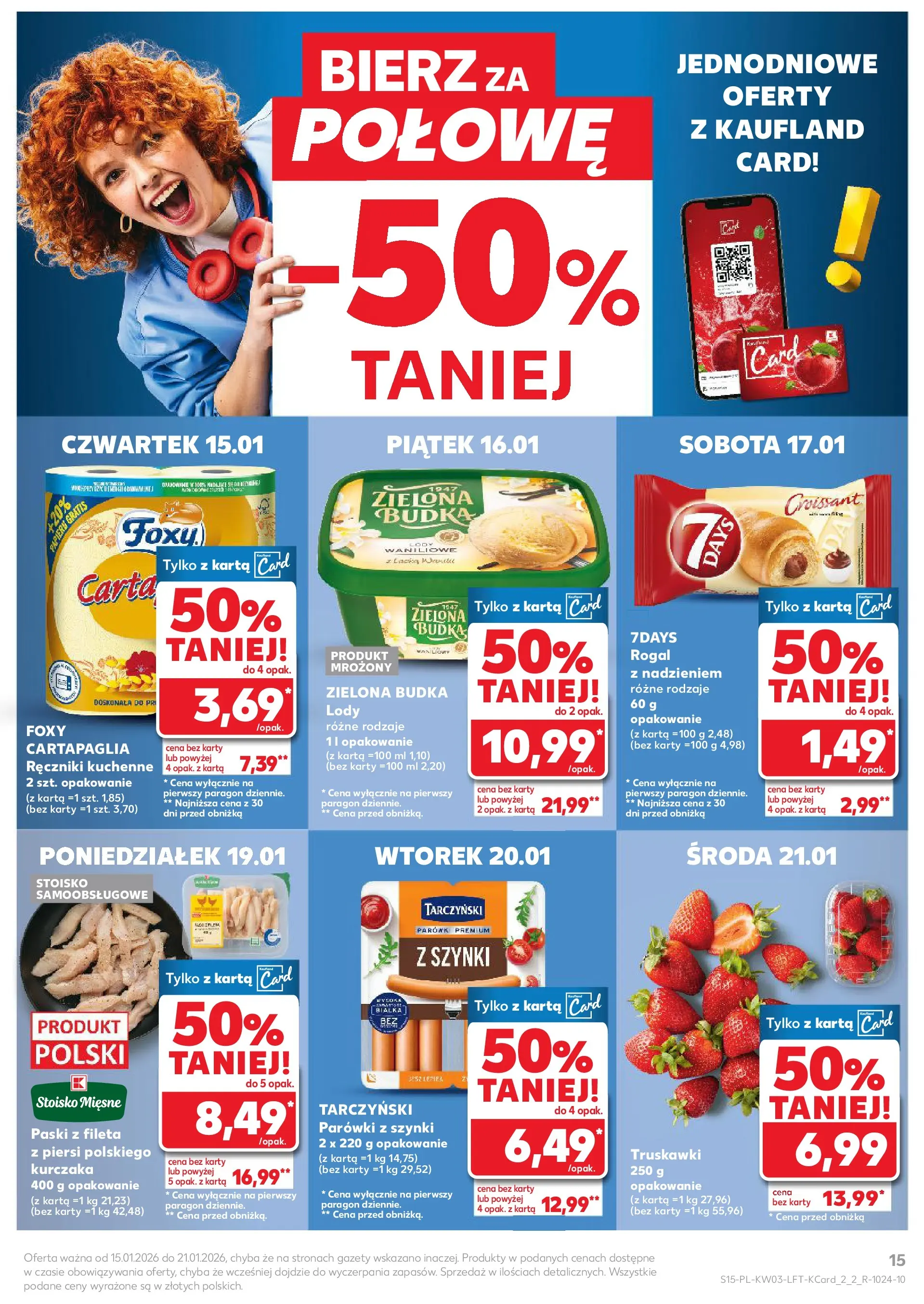 Kaufland gazetka od 15.01.2026 - od jutra PDF | Strona: 15 | Produkty: Ręczniki kuchenne, Karta, Parówki z szynki, Truskawki