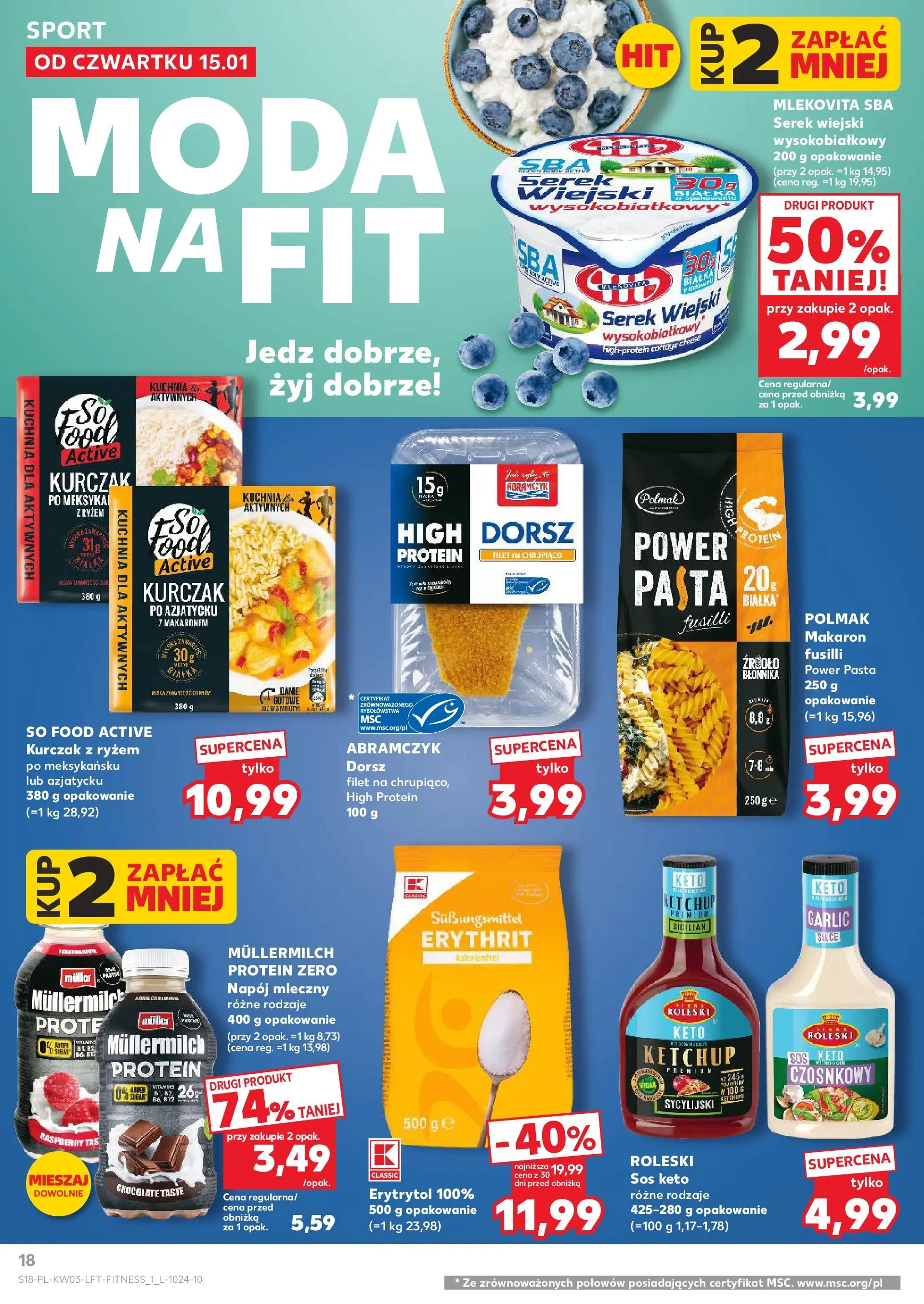Kaufland gazetka od 15.01.2026 - od jutra PDF | Strona: 18 | Produkty: Erytrytol, Dorsz, Serek wiejski wysokobiałkowy, Makaron