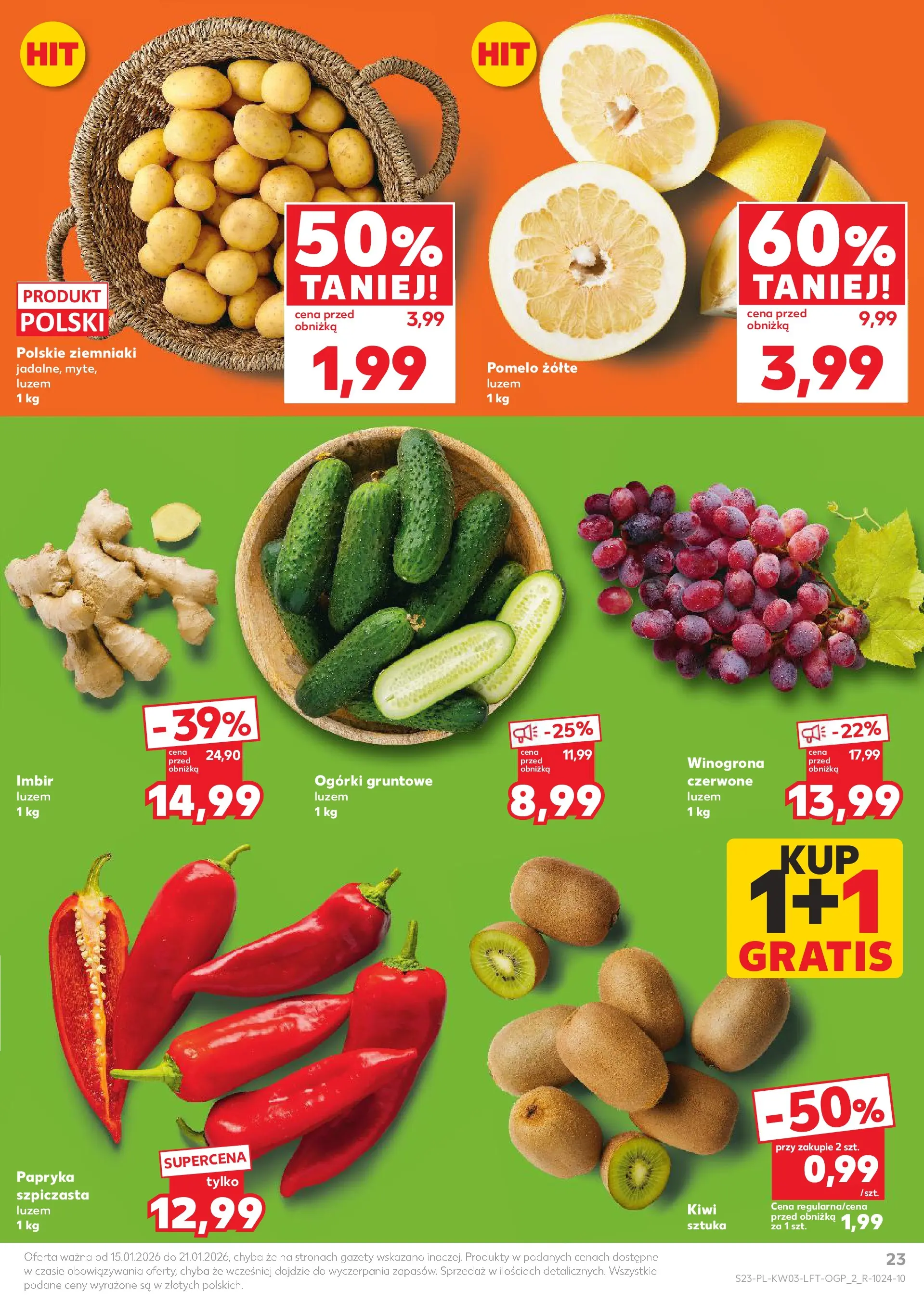 Kaufland gazetka od 15.01.2026 - od jutra PDF | Strona: 23 | Produkty: Imbir, Kiwi, Ogórki gruntowe, Ziemniaki