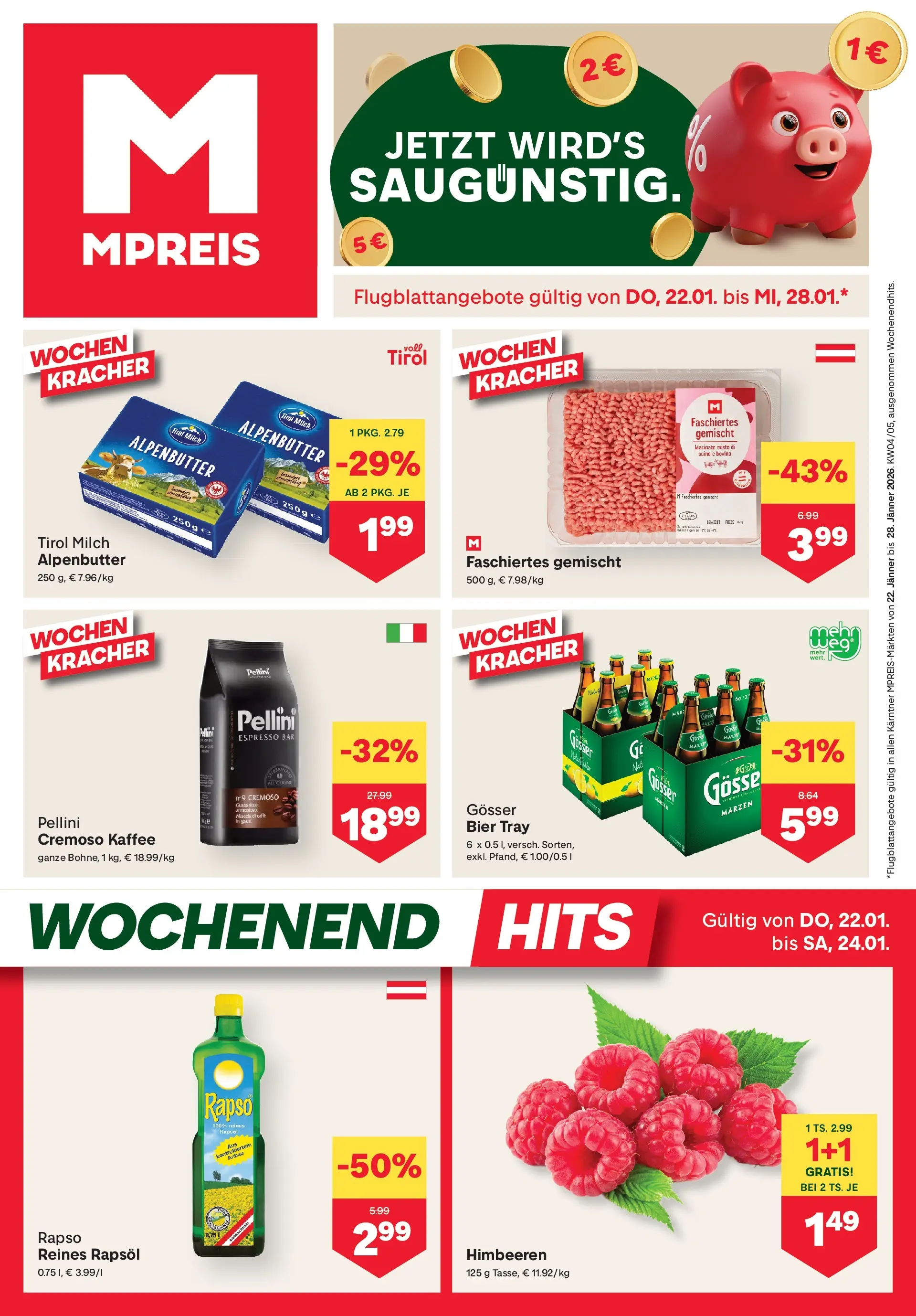 MPREIS Velden von 21.01.2026 - Aktuelle Angebote | Seite: 1 | Produkte: Gewicht, Milch, Kaffee, Bier