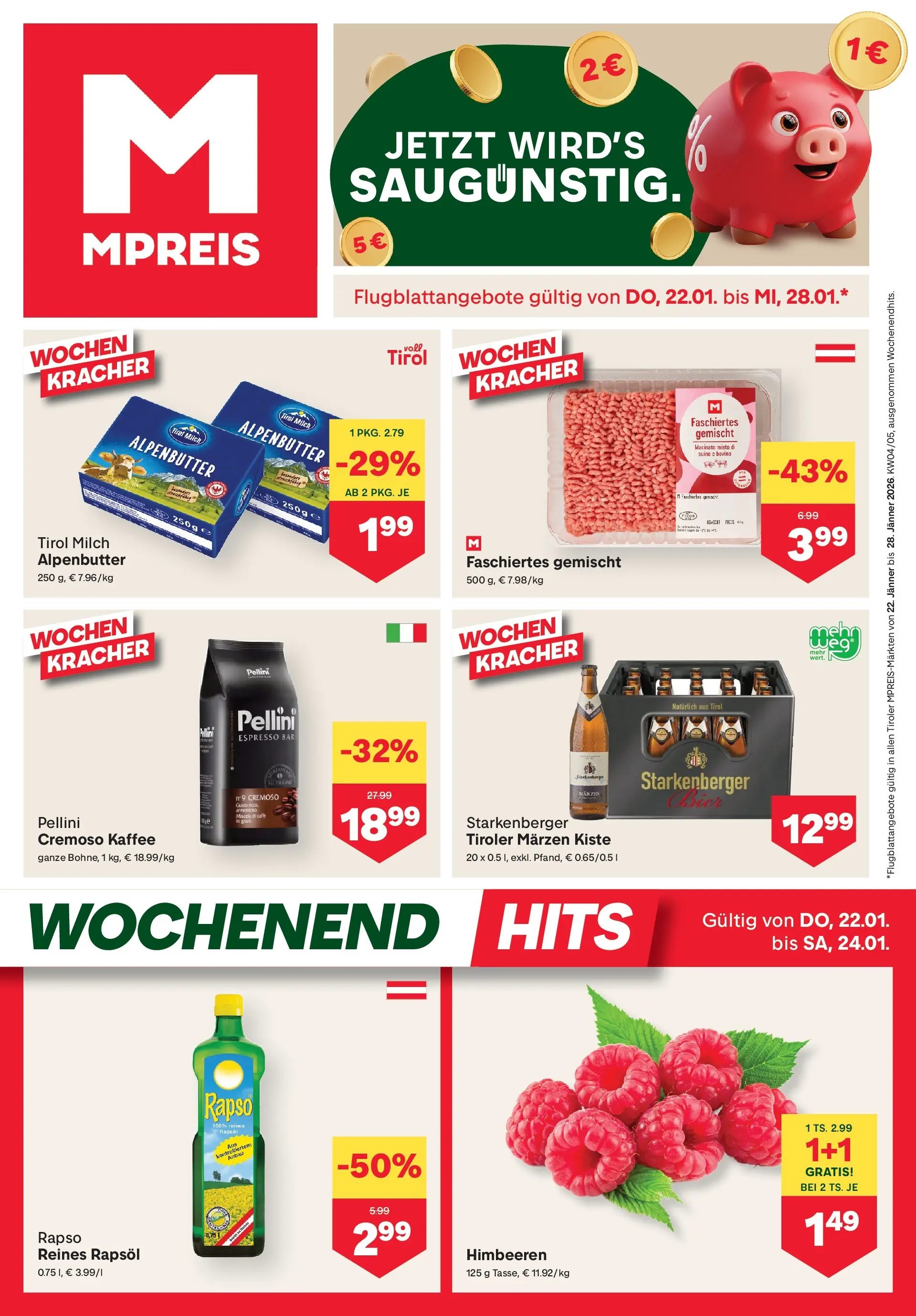MPREIS Pfunds von 21.01.2026 - Aktuelle Angebote | Seite: 1 | Produkte: Gewicht, Milch, Kaffee