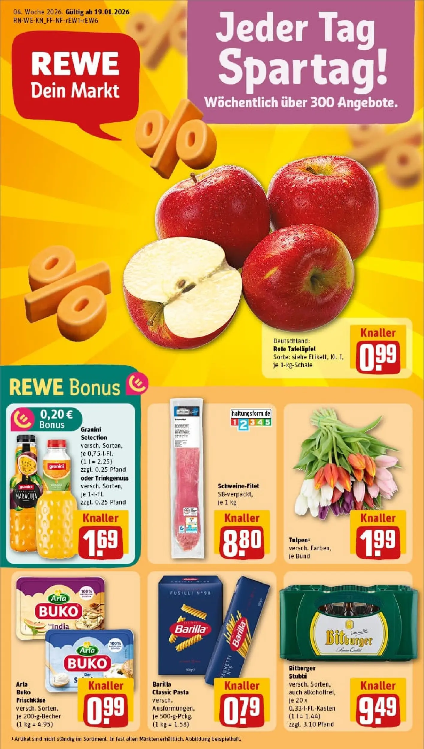REWE Prospekt ab 19.01.2026 zum Blättern » Angebote | Seite: 1 | Produkte: Bitburger, Schweinefilet, Granini, Pasta