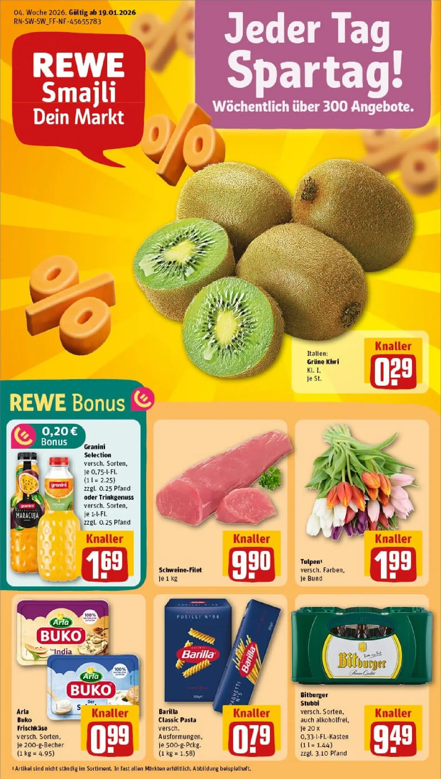 REWE Prospekt ab 18.01.2026 zum Blättern » Angebote | Seite: 1 | Produkte: Barilla, Schweinefilet, Pasta, Kiwi