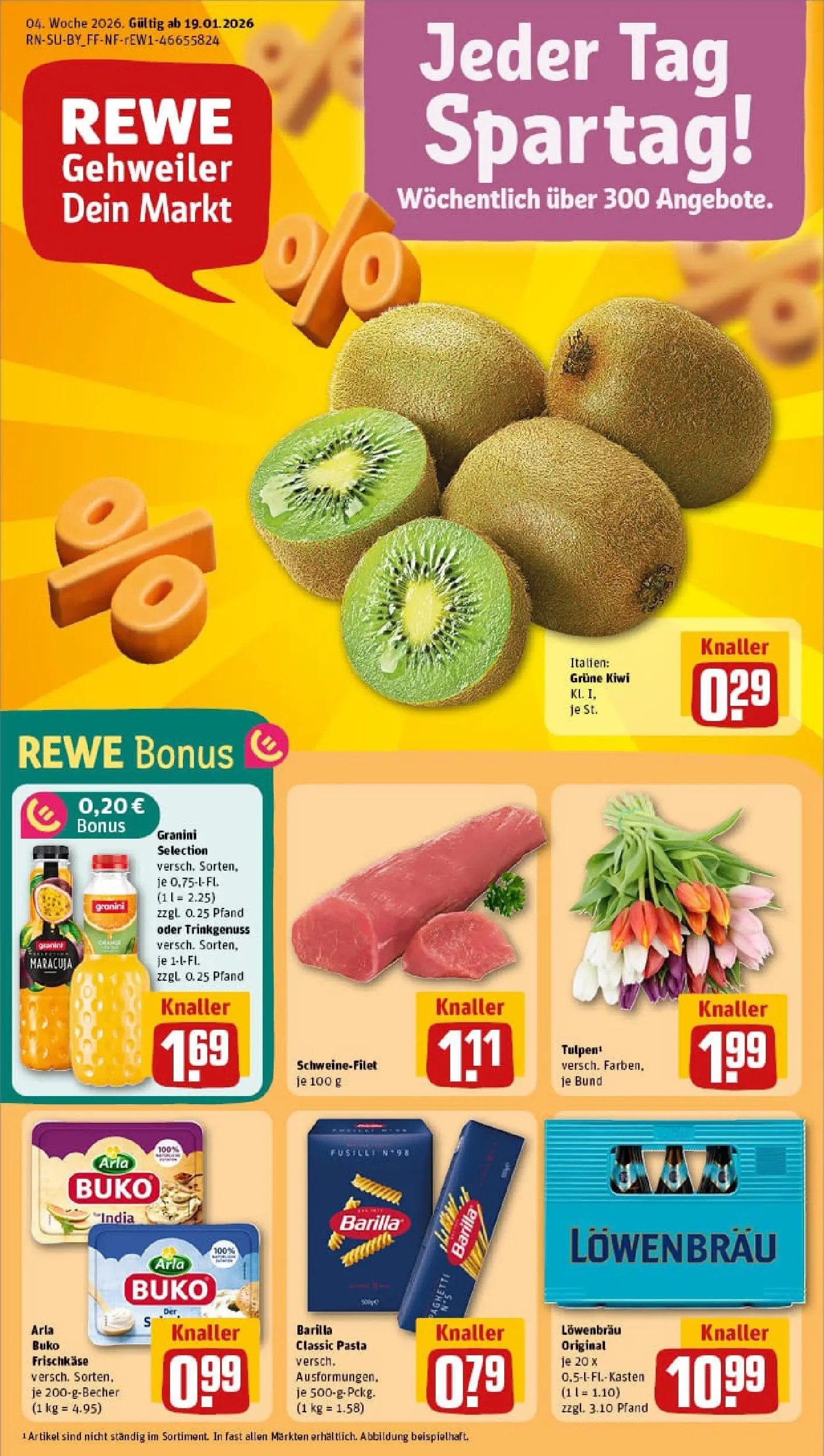 REWE Prospekt ab 18.01.2026 zum Blättern » Angebote | Seite: 1 | Produkte: Barilla, Pasta, Kiwi, Frischkase