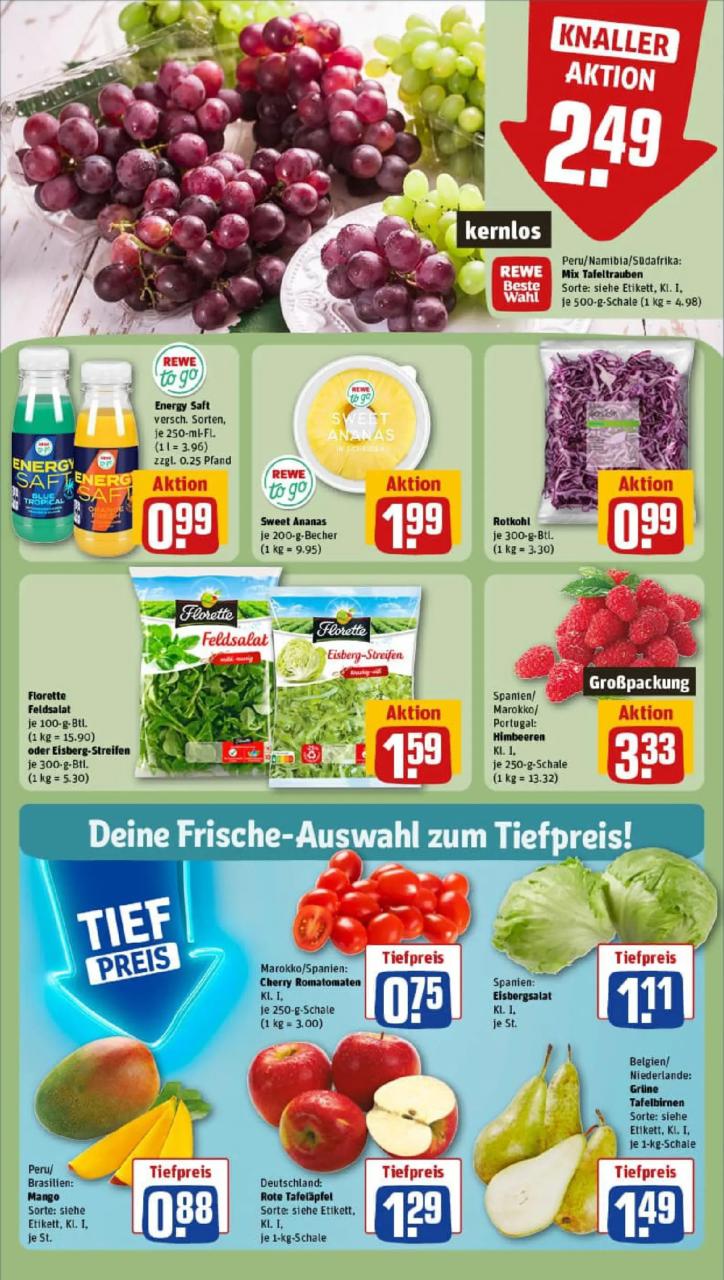 REWE Prospekt ab 19.01.2026 zum Blättern » Angebote | Seite: 8 | Produkte: Rotkohl, Ananas, Eisbergsalat, Mango