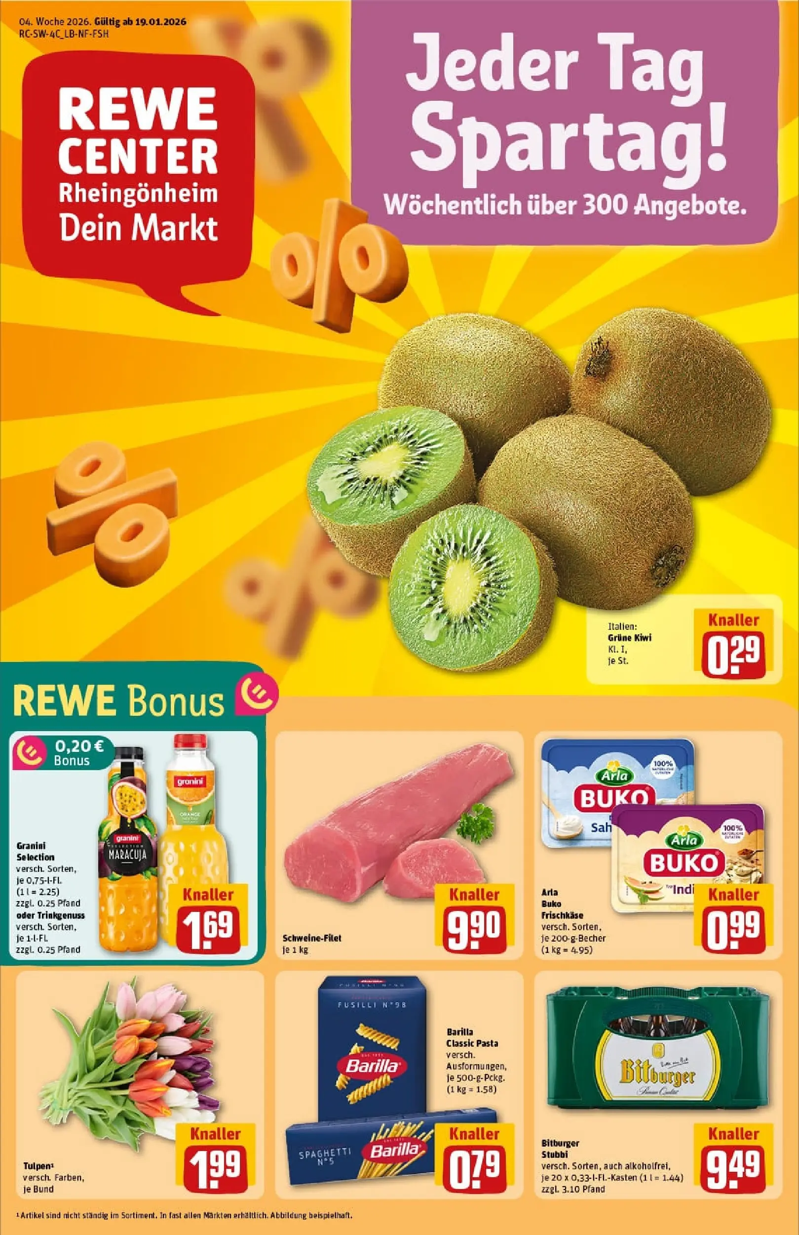 REWE Prospekt ab 18.01.2026 zum Blättern » Angebote | Seite: 1 | Produkte: Barilla, Schweinefilet, Granini, Kiwi
