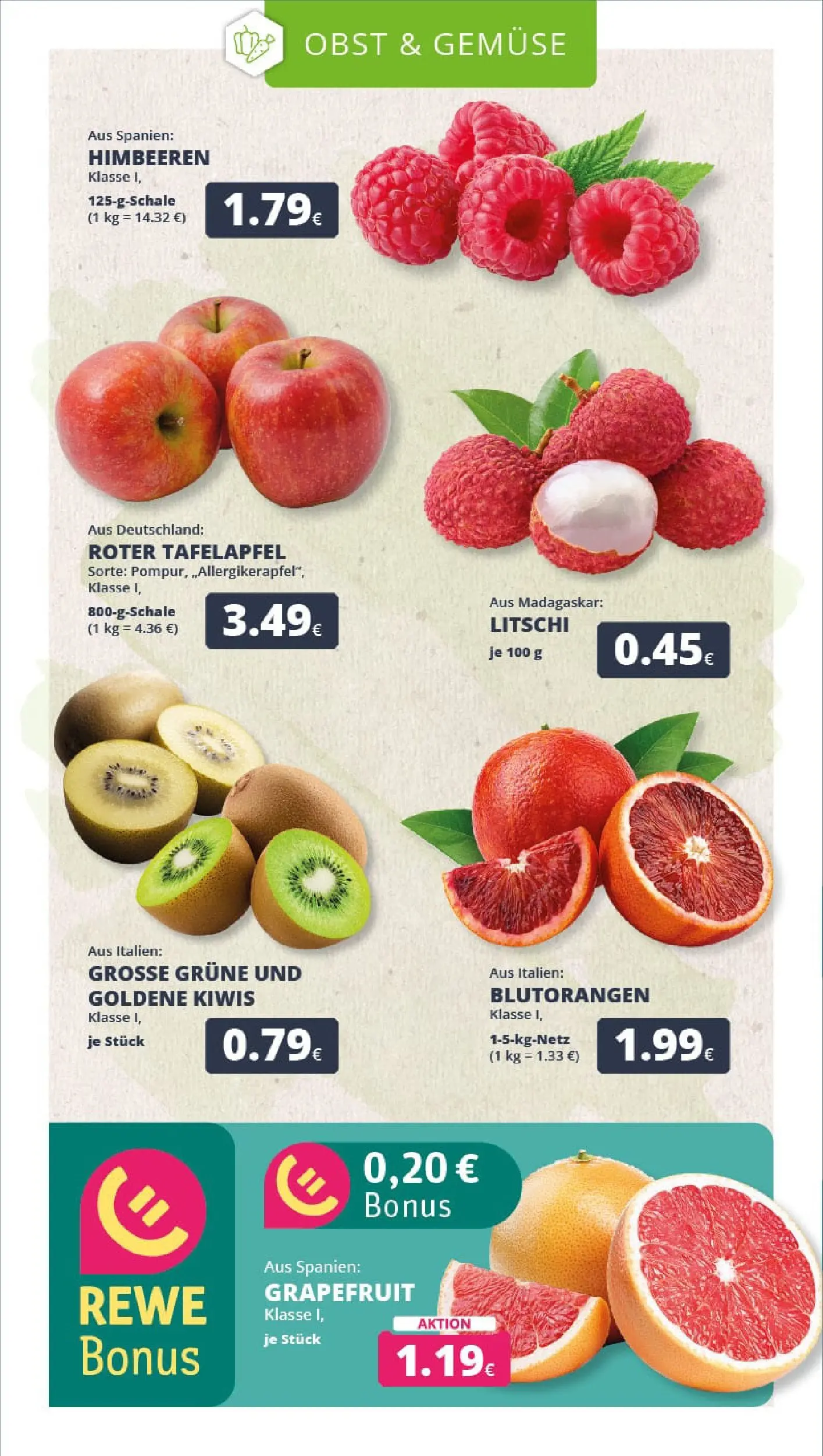 REWE Prospekt ab 19.01.2026 zum Blättern » Angebote | Seite: 9 | Produkte: Grapefruit, Gemüse, Obst, Kiwi