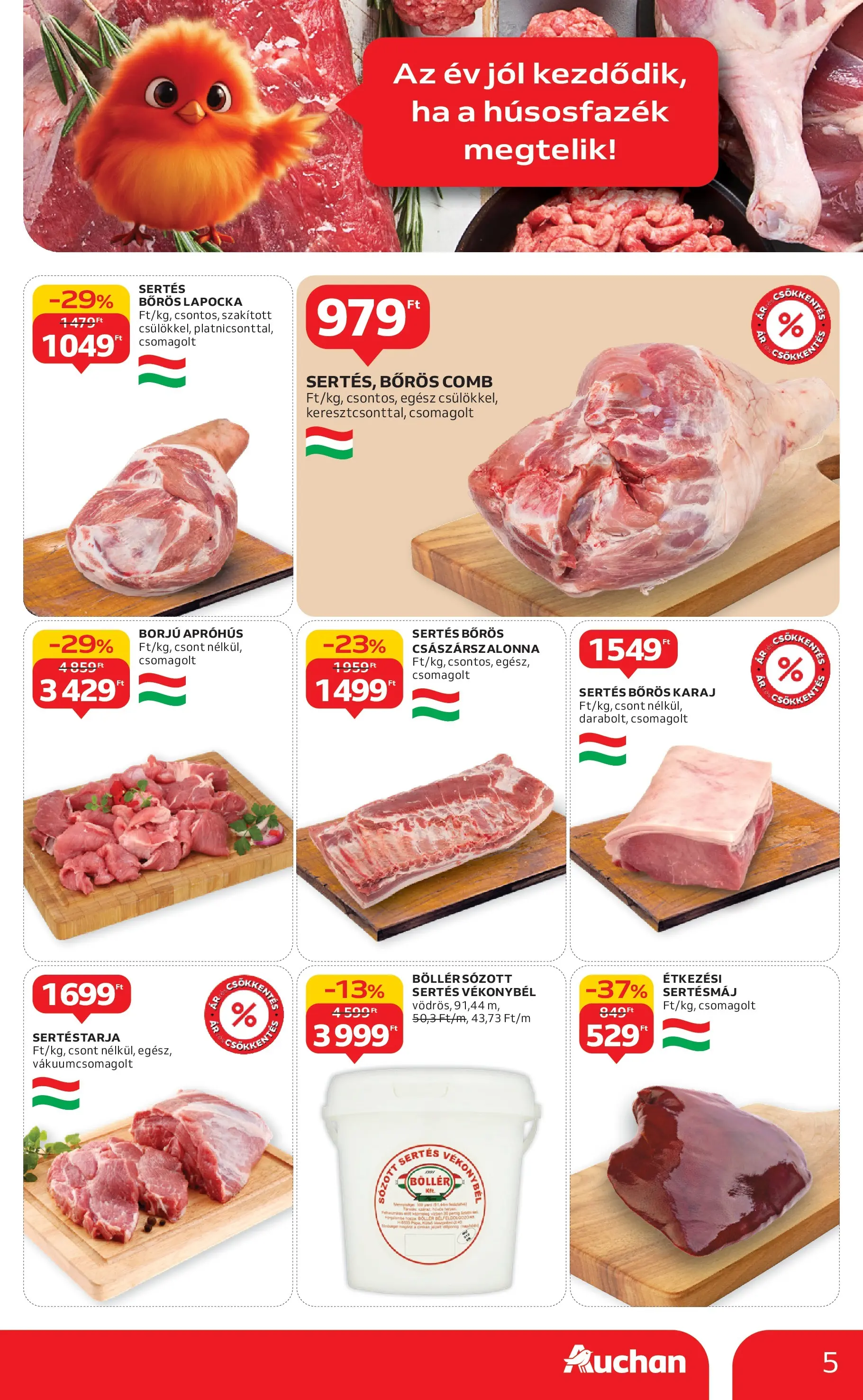 Auchan Akciós újság Szolnok - 2026.01.15. -tól/töl > akció, lapozható szórólap 🛍️ | Oldal: 5 | Termékek: Sertéstarja, Sertésmáj, Császárszalonna, Karaj