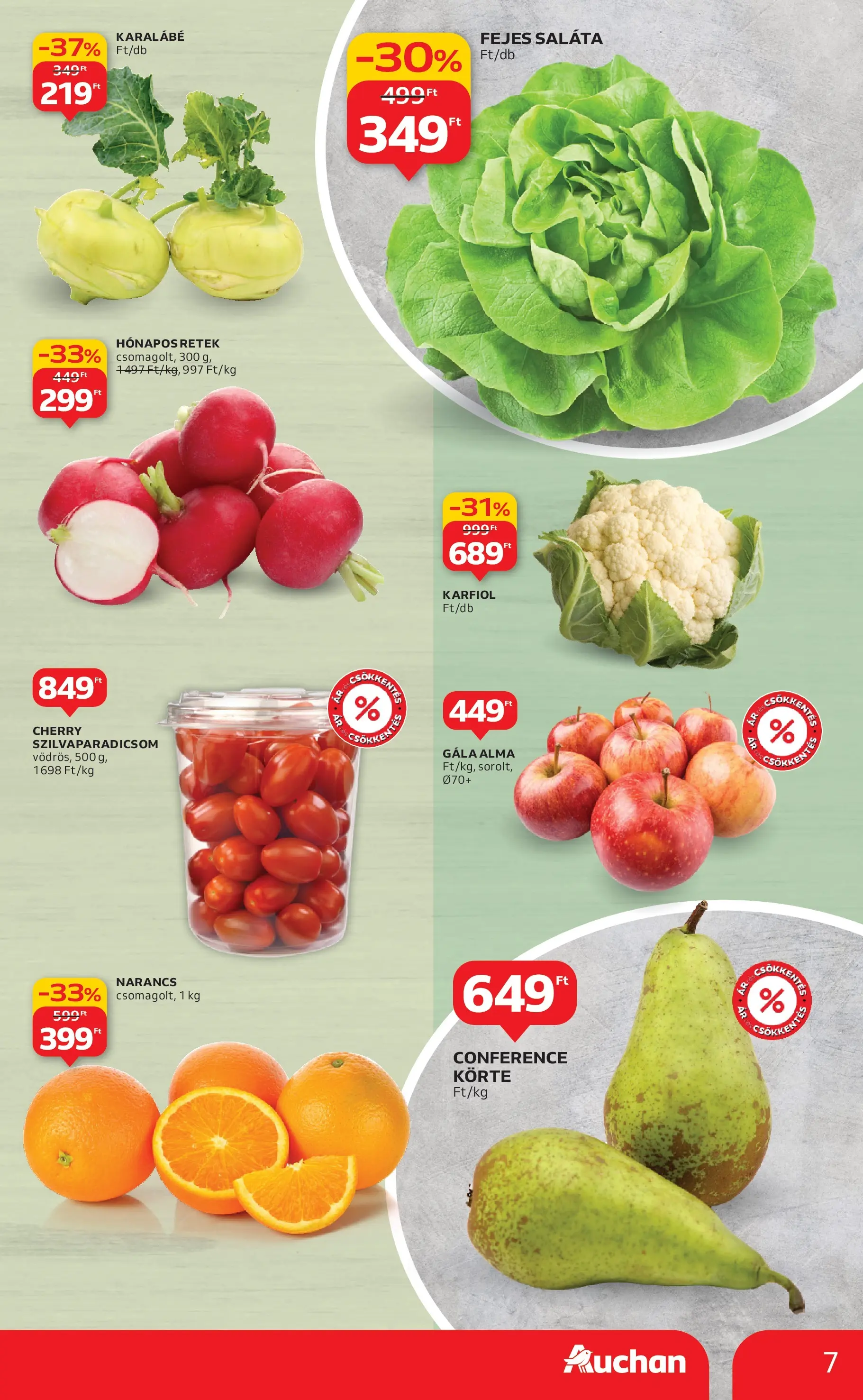 Auchan Akciós újság Szolnok - 2026.01.15. -tól/töl > akció, lapozható szórólap 🛍️ | Oldal: 7 | Termékek: Körte, Karfiol, Narancs, Saláta