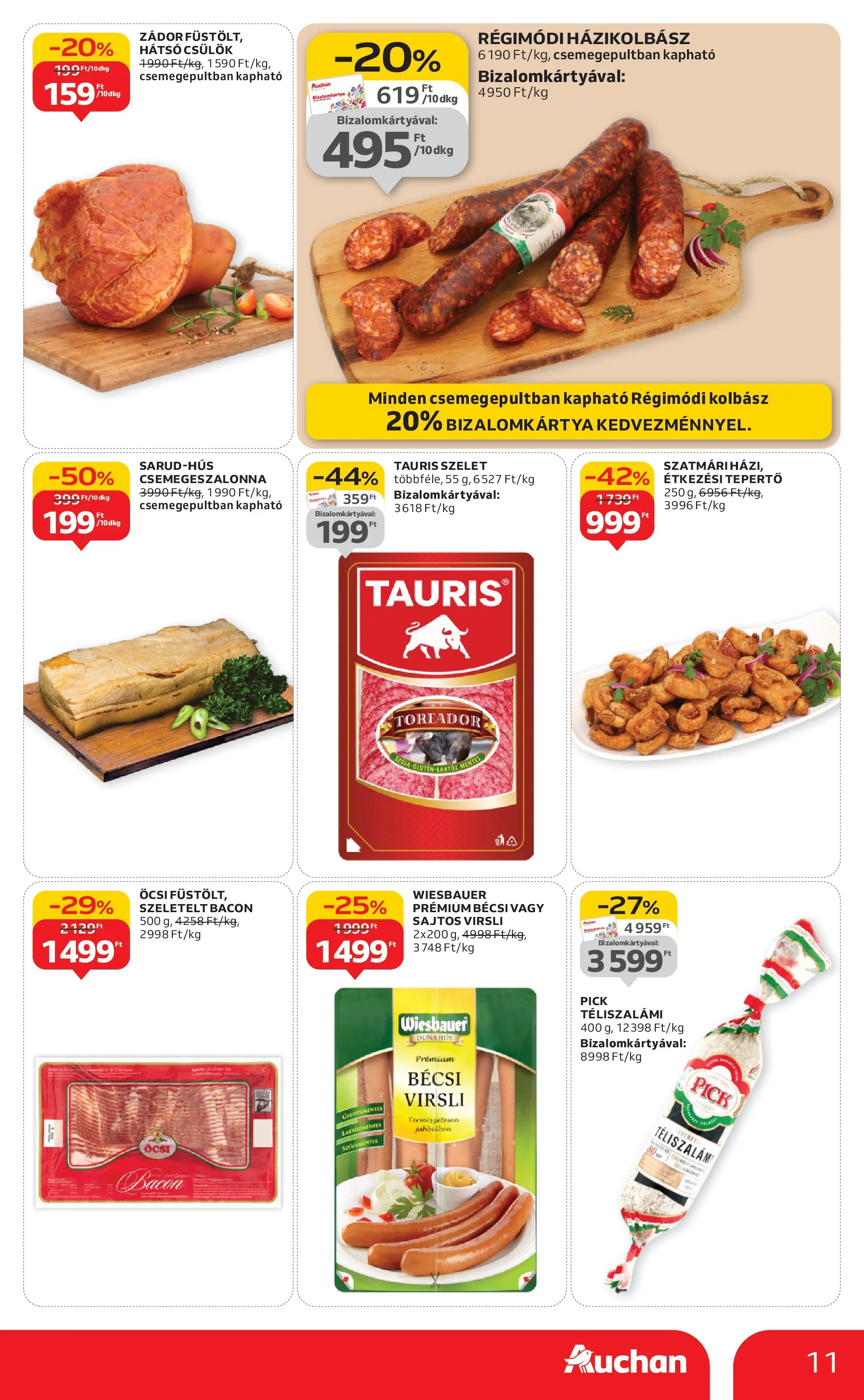Auchan Akciós újság Szolnok - 2026.01.15. -tól/töl > akció, lapozható szórólap 🛍️ | Oldal: 11 | Termékek: Kolbász, Szeletelt bacon, Bacon, Téliszalámi