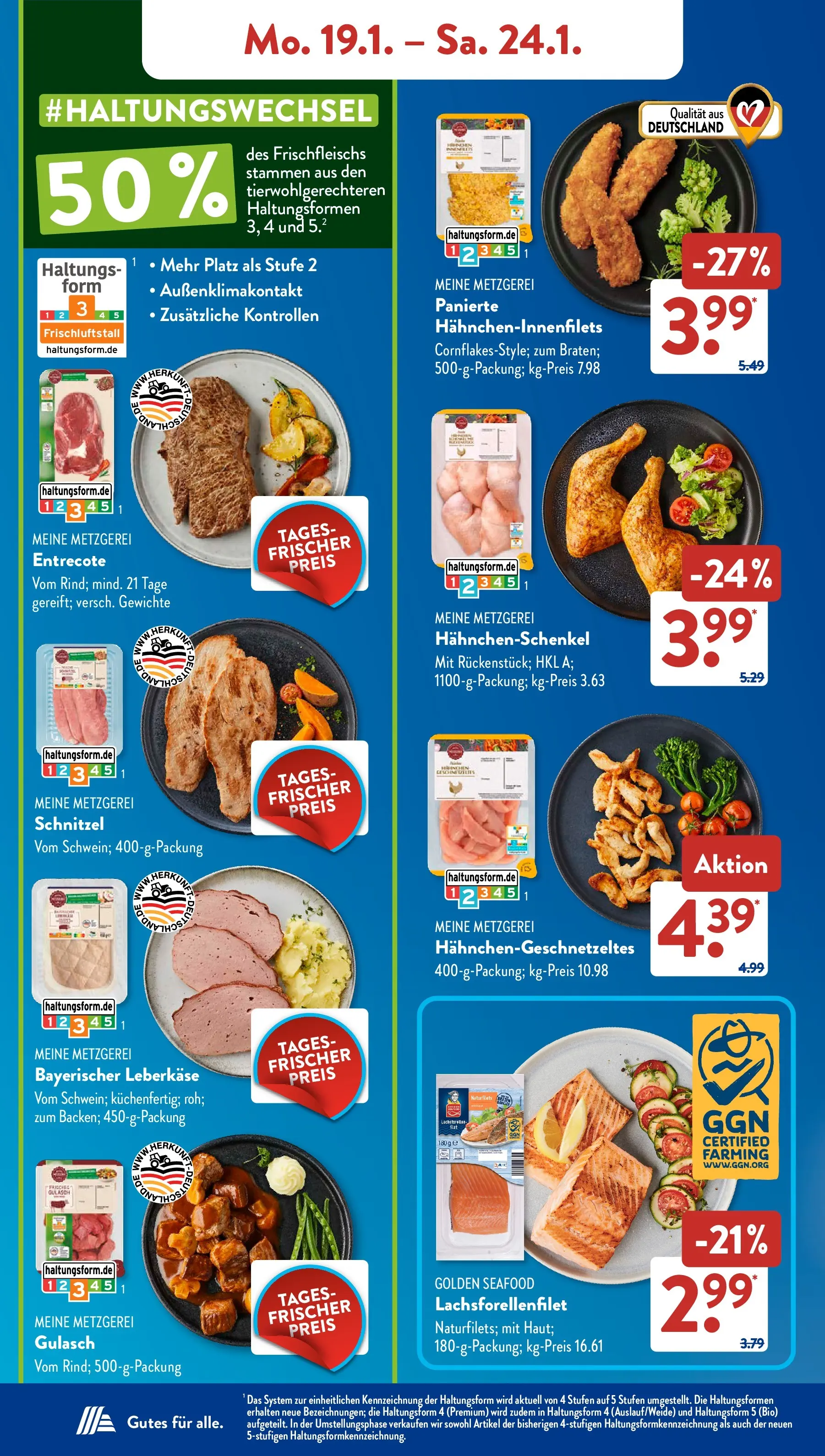 Aldi Süd Prospekt 	 (ab 19.01.2026) zum Blättern | Seite: 6 | Produkte: Hahnchenschenkel, Entrecote, Schnitzel, Gulasch