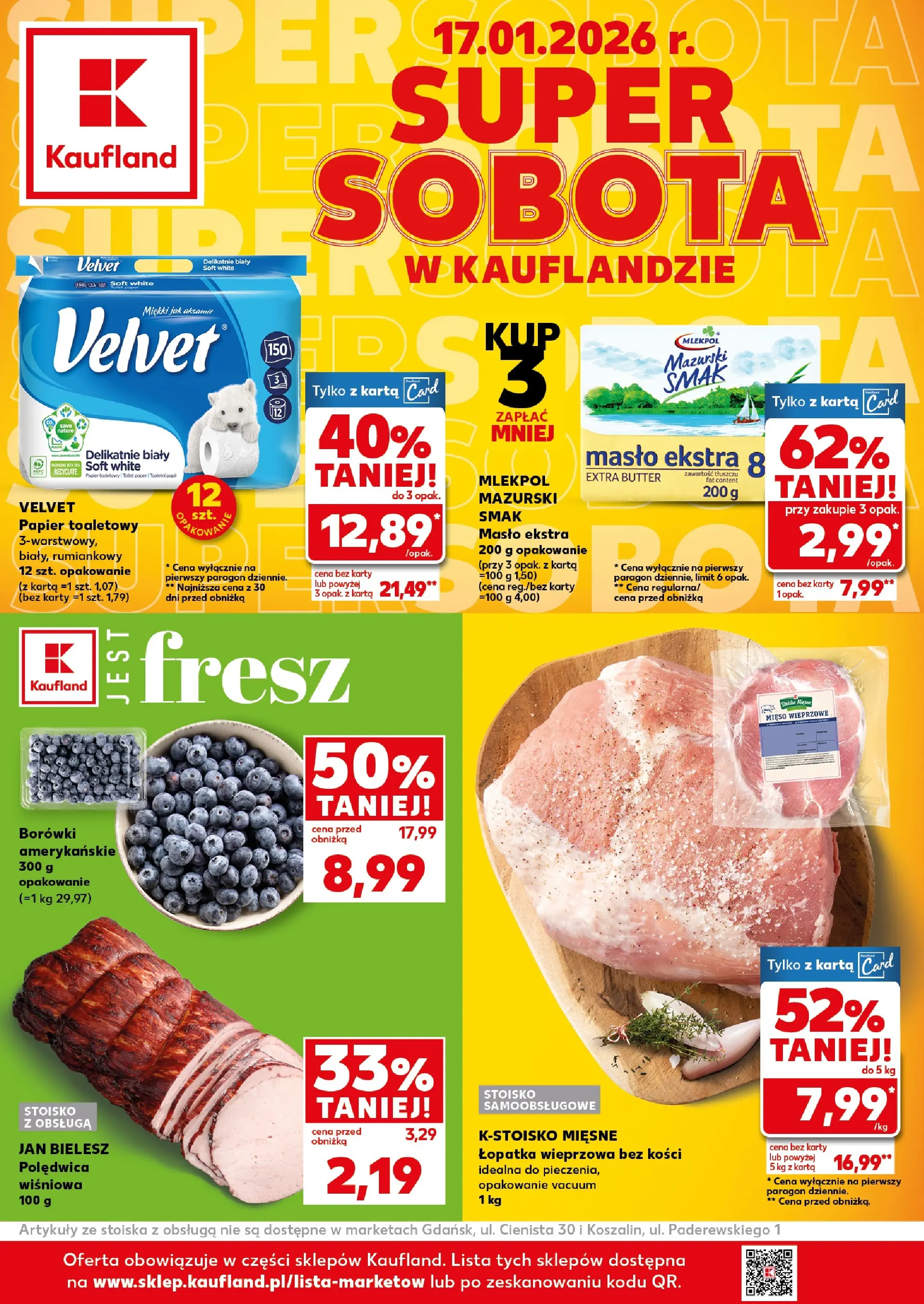 Kaufland gazetka - Super Sobota od 17.01.2026 - od jutra PDF | Strona: 1 | Produkty: Karta, Papier toaletowy, Mięso, Masło