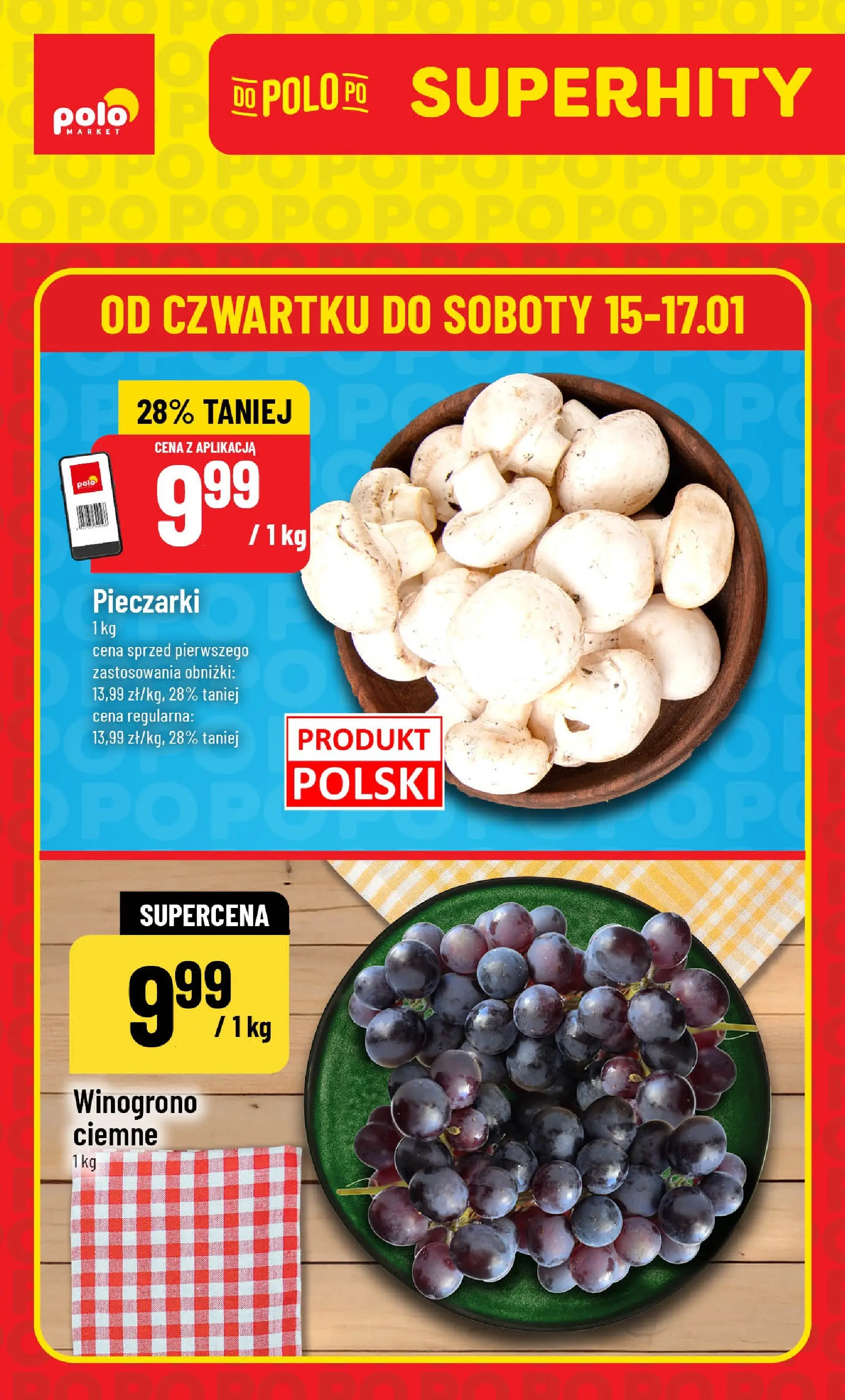 Nowa POLOmarket gazetka od jutra 15.01.2026 (PDF) | Strona: 1 | Produkty: Winogrono, Pieczarki
