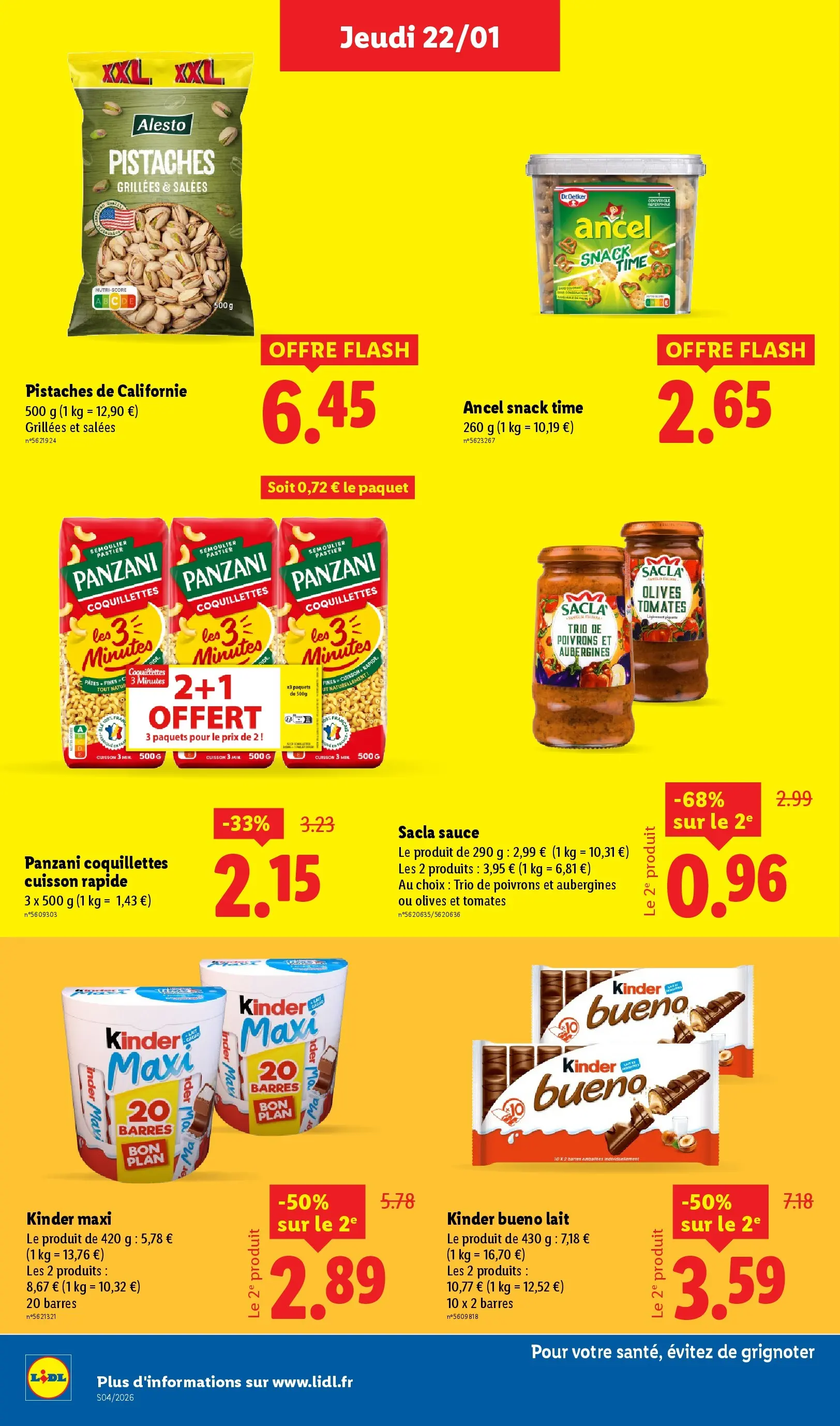 Catalogue LIDL du 19/01/2026 | Promo prospectus en ligne | Page: 18 | Produits: Kinder maxi, Kinder Bueno, Pistaches, Pâtes