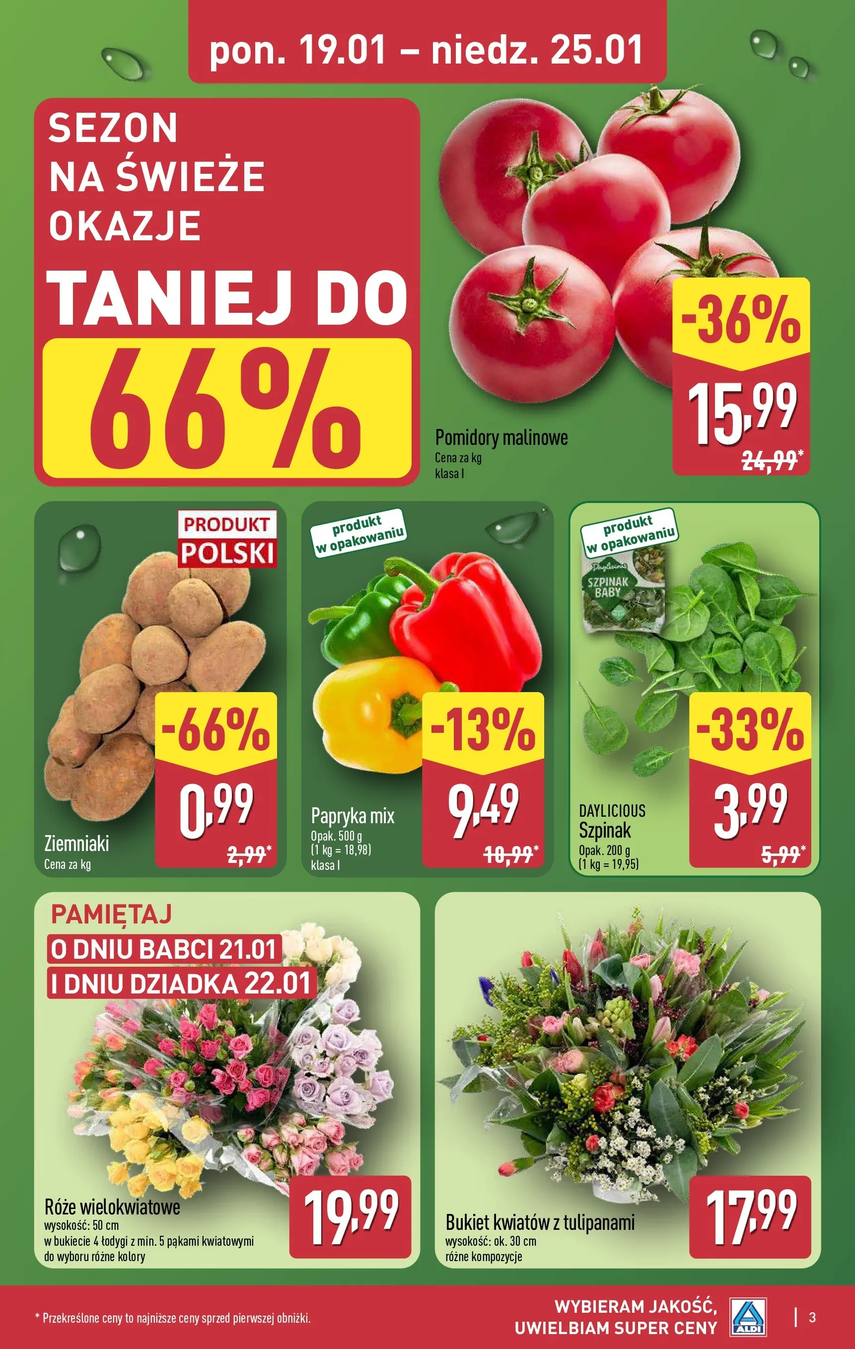 Aldi Gazetka od 19.01.2026 - Ulotka PDF, promocje | Strona: 3 | Produkty: Papryka, Pomidory malinowe, Szpinak, Pomidory