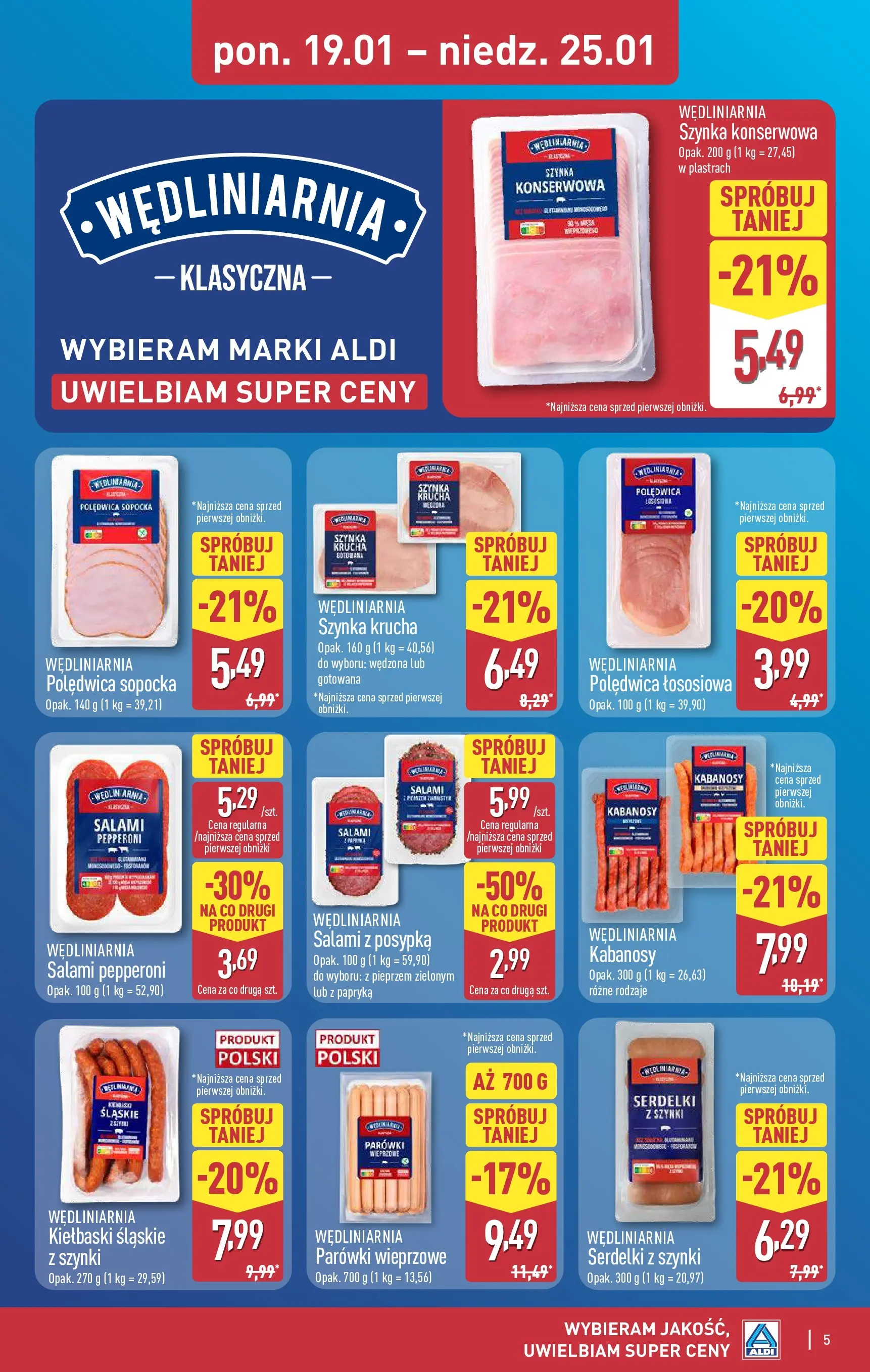 Aldi Gazetka od 19.01.2026 - Ulotka PDF, promocje | Strona: 5 | Produkty: Salami pepperoni, Kabanosy, Kiełbaski, Szynka