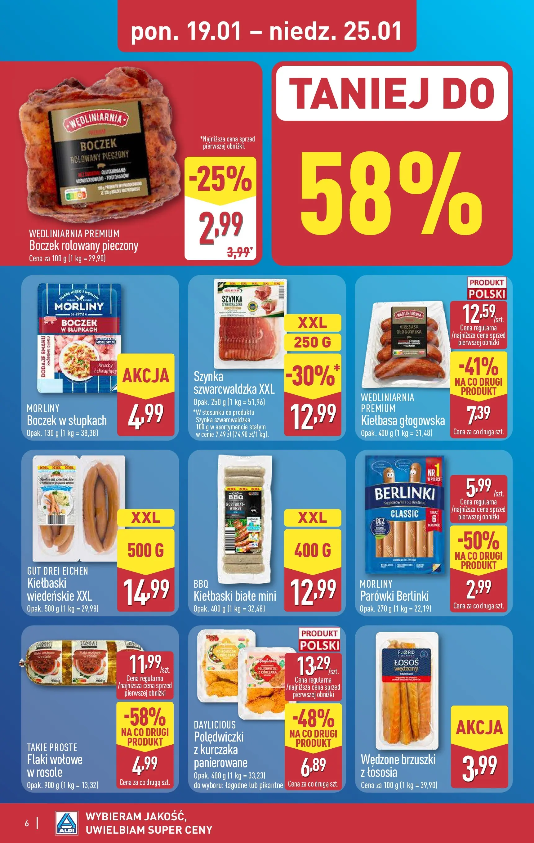 Aldi Gazetka od 19.01.2026 - Ulotka PDF, promocje | Strona: 6 | Produkty: Kiełbasa, Boczek, Szynka szwarcwaldzka, Flaki wołowe