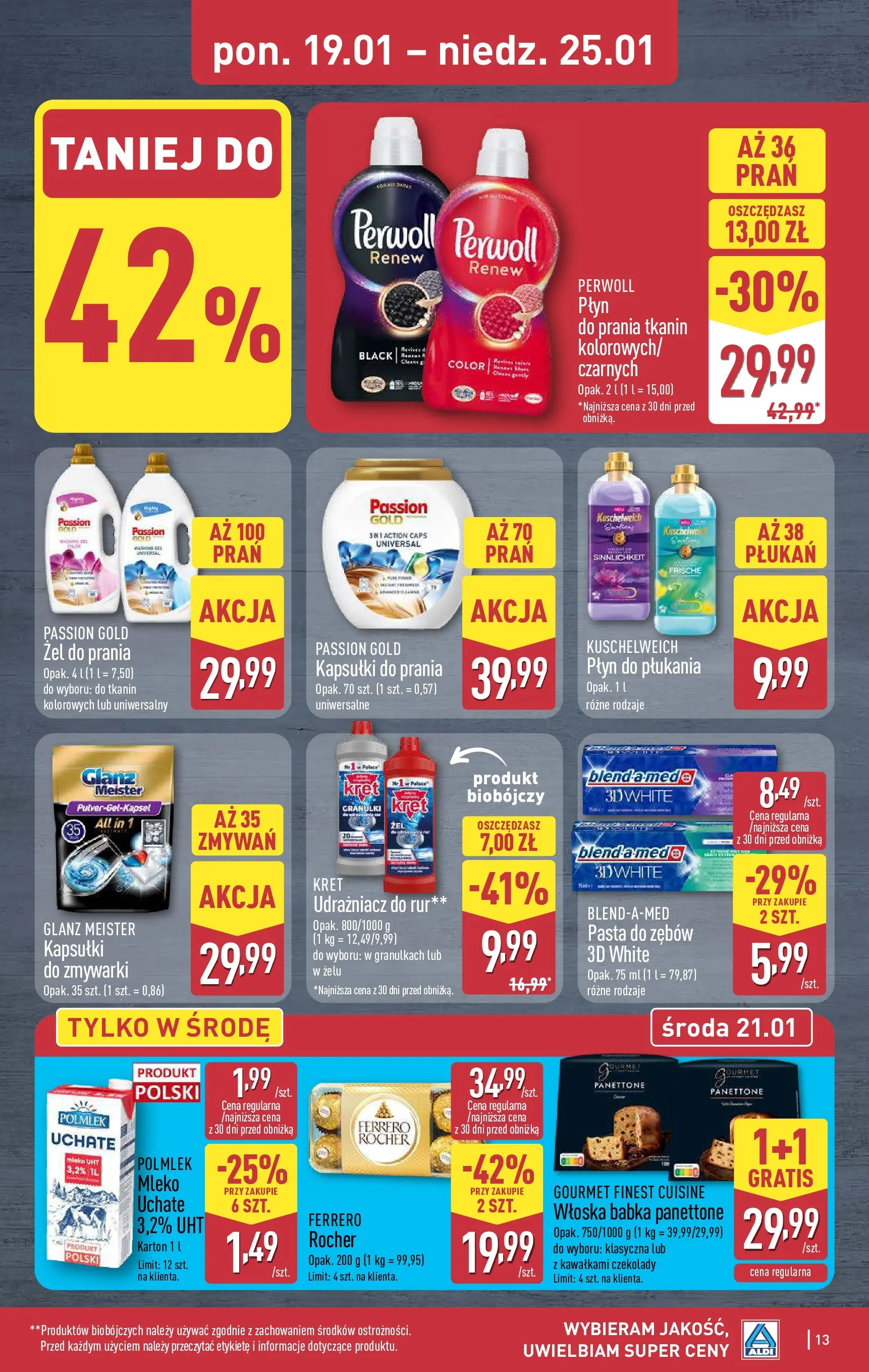 Aldi Gazetka od 19.01.2026 - Ulotka PDF, promocje | Strona: 13 | Produkty: Mleko, Kapsułki do prania, Pasta do zębów, Ferrero rocher