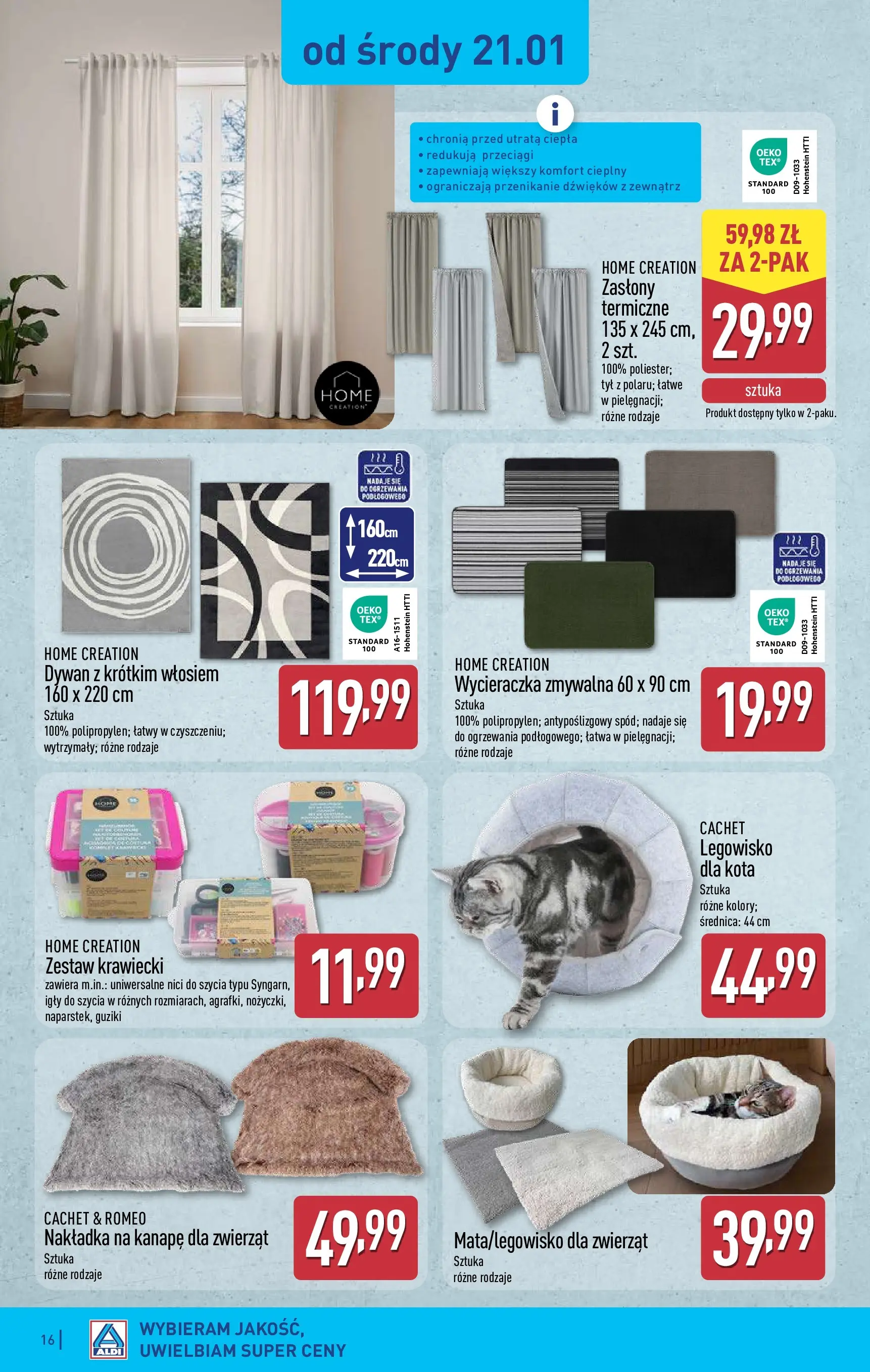 Aldi Gazetka od 19.01.2026 - Ulotka PDF, promocje | Strona: 16 | Produkty: Legowisko dla kota, Dywan, Wycieraczka, Zasłony