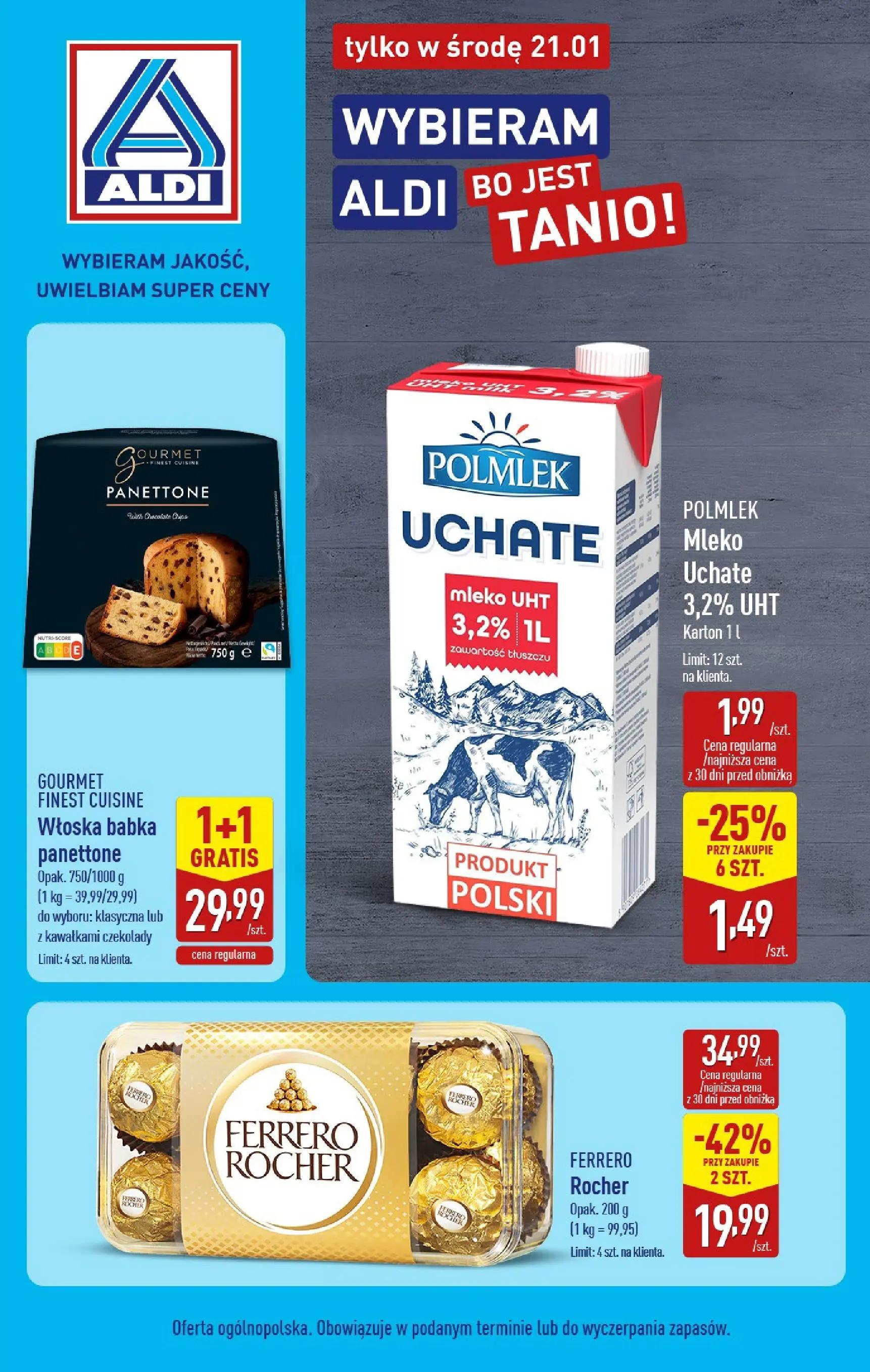 Aldi Gazetka - Tylko w środę od 21.01.2026 - Ulotka PDF, promocje | Strona: 1 | Produkty: Czekolady, Mleko, Babka, Ferrero rocher