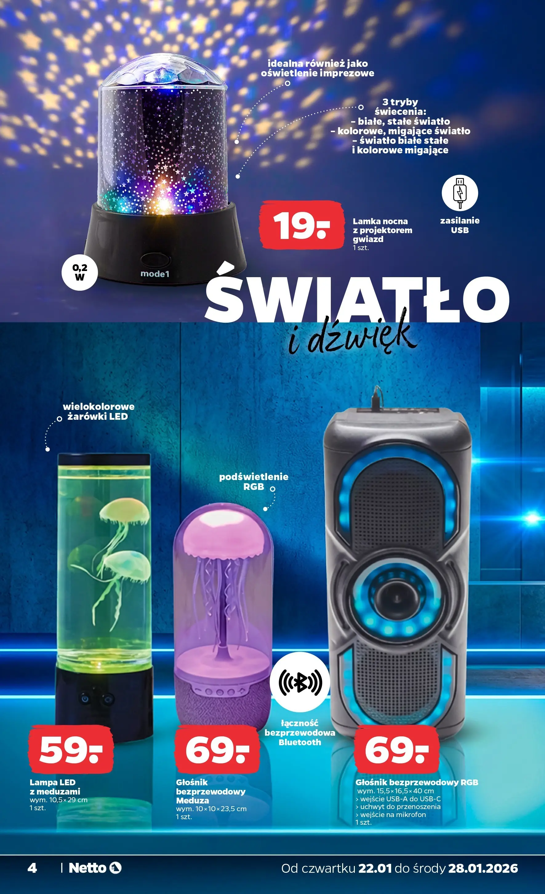 Netto - NETTO T04B ważne do 25.01.2026 od 21.01.2026 - Aktualne promocje | Strona: 22 | Produkty: Głośnik bezprzewodowy, Mikrofon, Głośnik, Żarówki