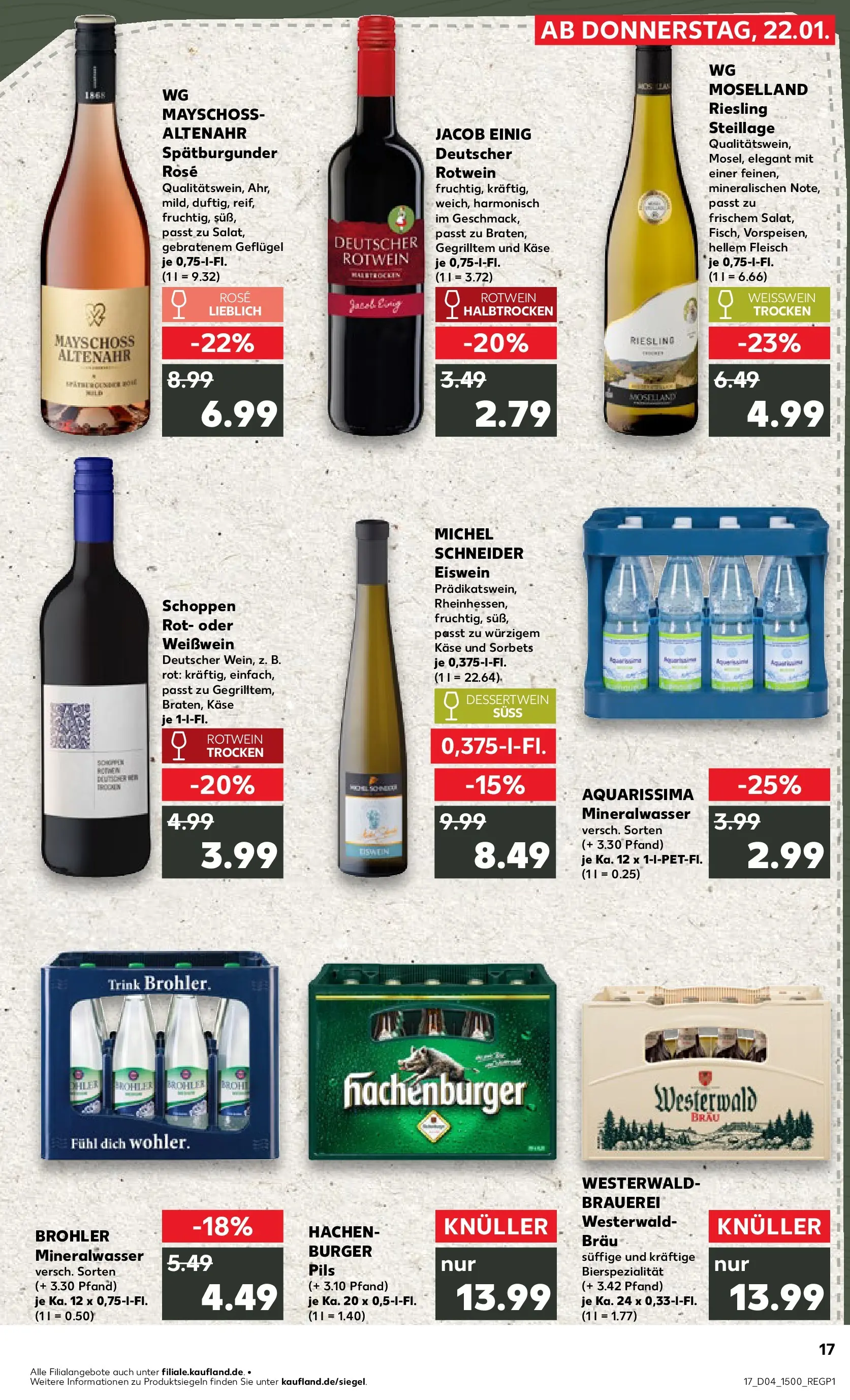 Prospekt Kaufland ab 22.01.2026 » Angebote Online zum Blättern | Seite: 17 | Produkte: Rotwein trocken, Weißwein trocken, Burger, Mineralwasser