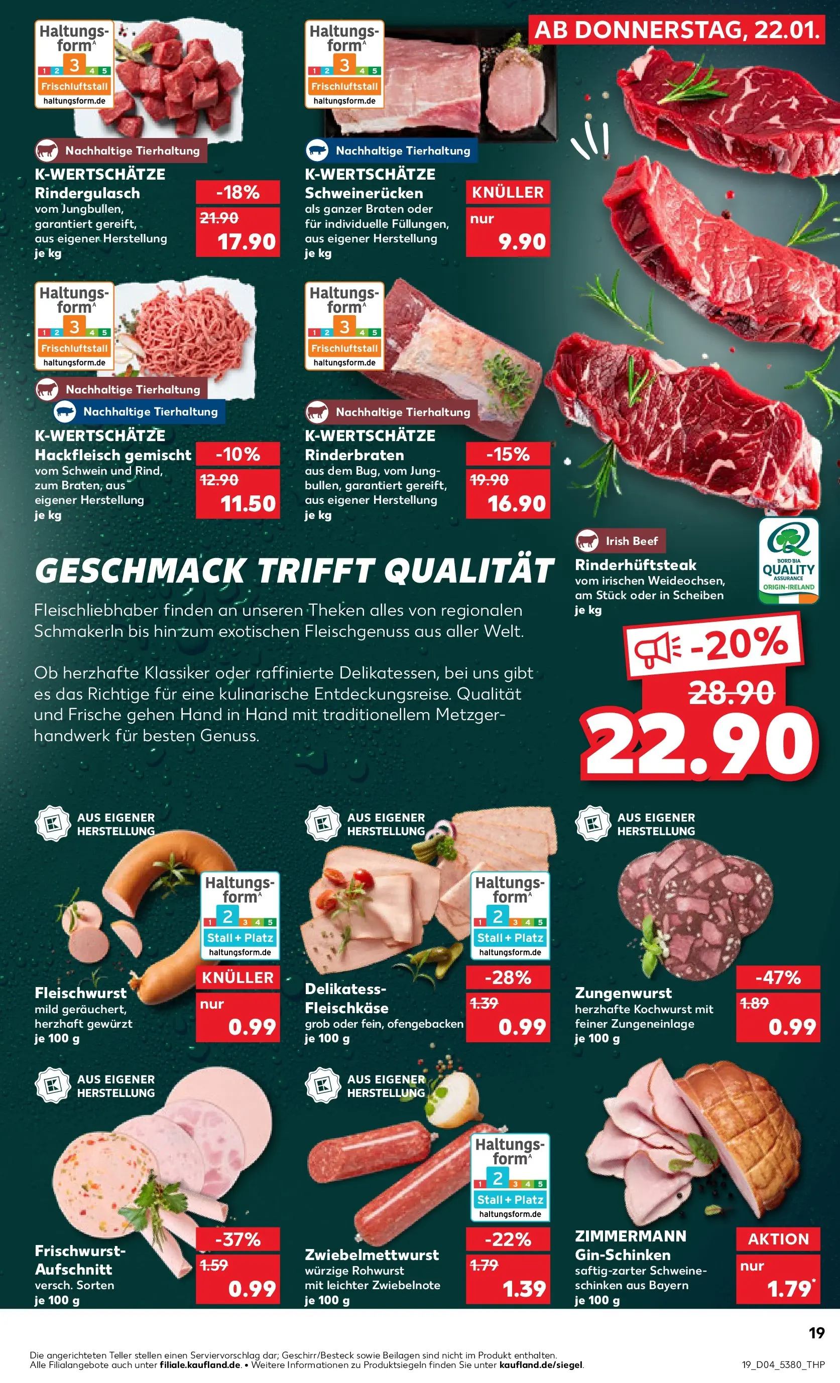Prospekt Kaufland ab 22.01.2026 » Angebote Online zum Blättern | Seite: 19 | Produkte: Rinderbraten, Schweinerucken, Schinken, Steak