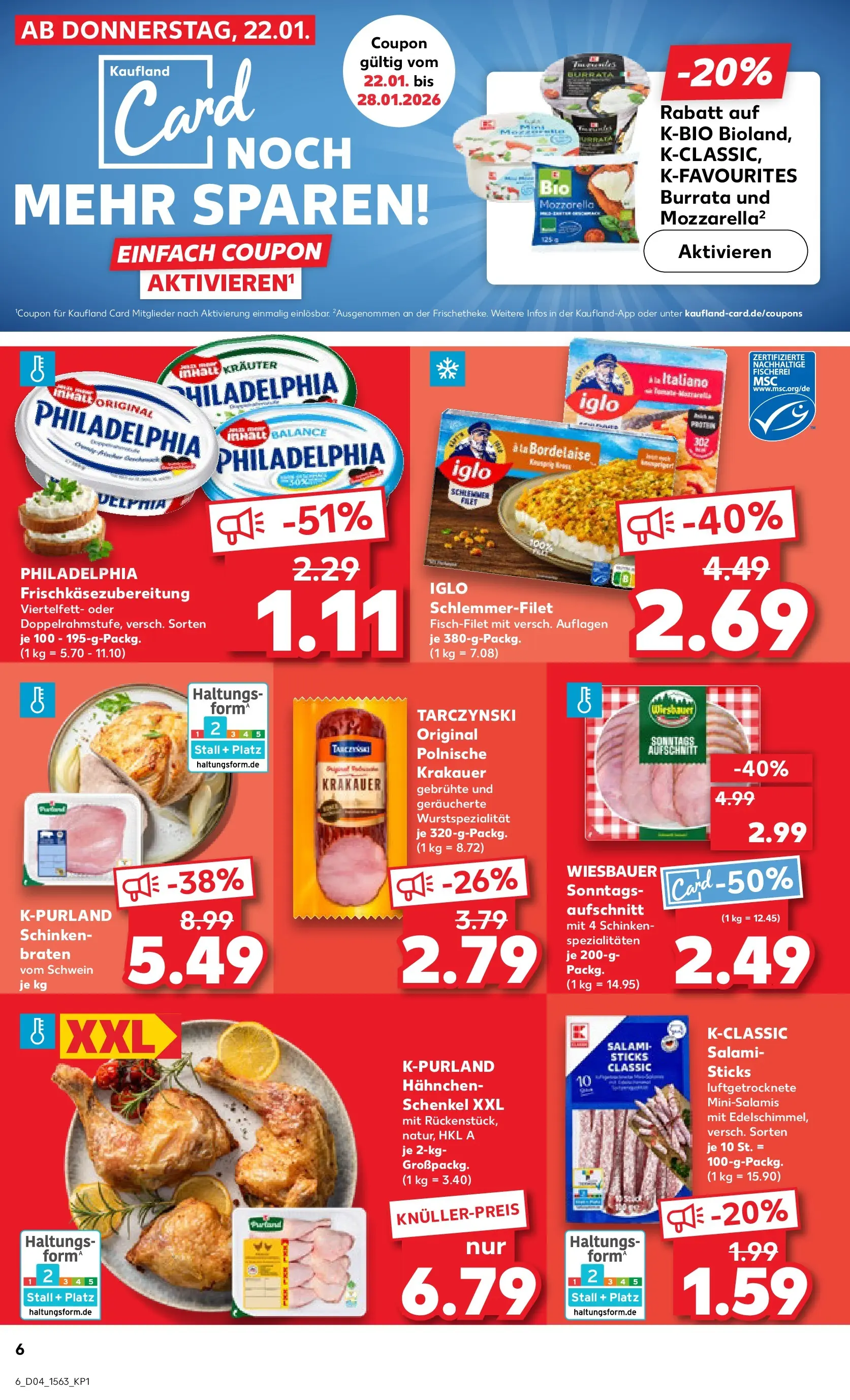 Prospekt Kaufland ab 22.01.2026 » Angebote Online zum Blättern | Seite: 6 | Produkte: Hahnchen, Philadelphia, Mozzarella, Salami