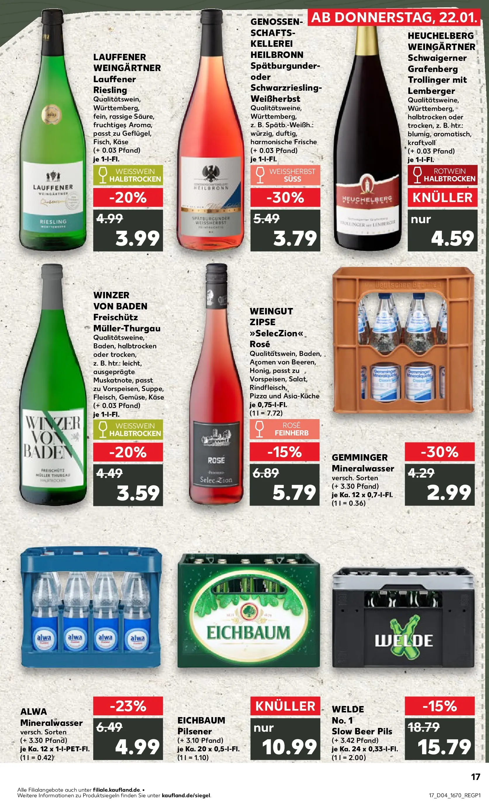 Prospekt Kaufland ab 22.01.2026 » Angebote Online zum Blättern | Seite: 17 | Produkte: Käse, Weißwein, Rotwein, Mineralwasser