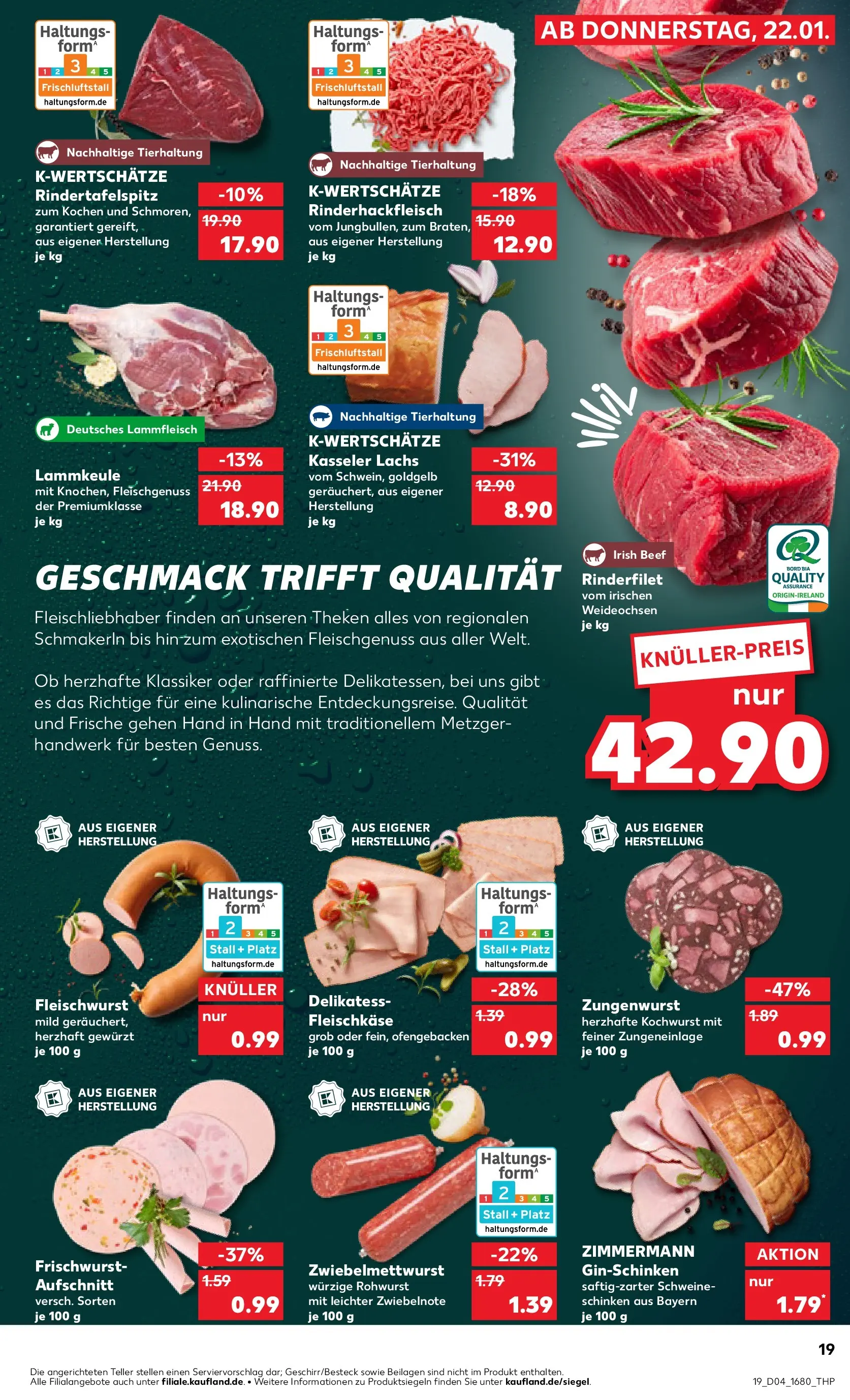 Prospekt Kaufland ab 22.01.2026 » Angebote Online zum Blättern | Seite: 19 | Produkte: Lammkeule, Rinderfilet, Lachs, Schinken