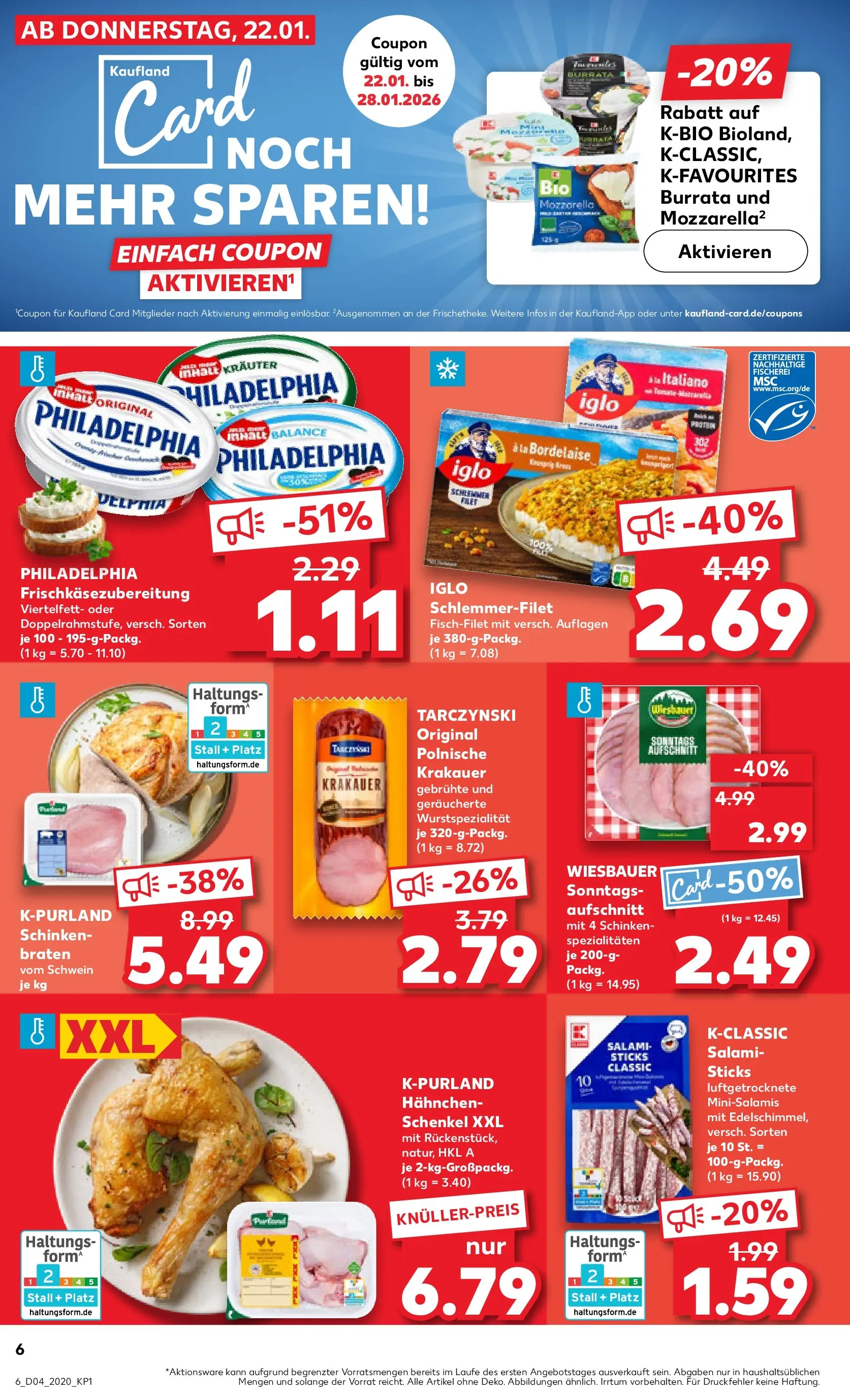 Prospekt Kaufland ab 22.01.2026 » Angebote Online zum Blättern | Seite: 6 | Produkte: Philadelphia, Mozzarella, Schinken, Iglo schlemmerfilet