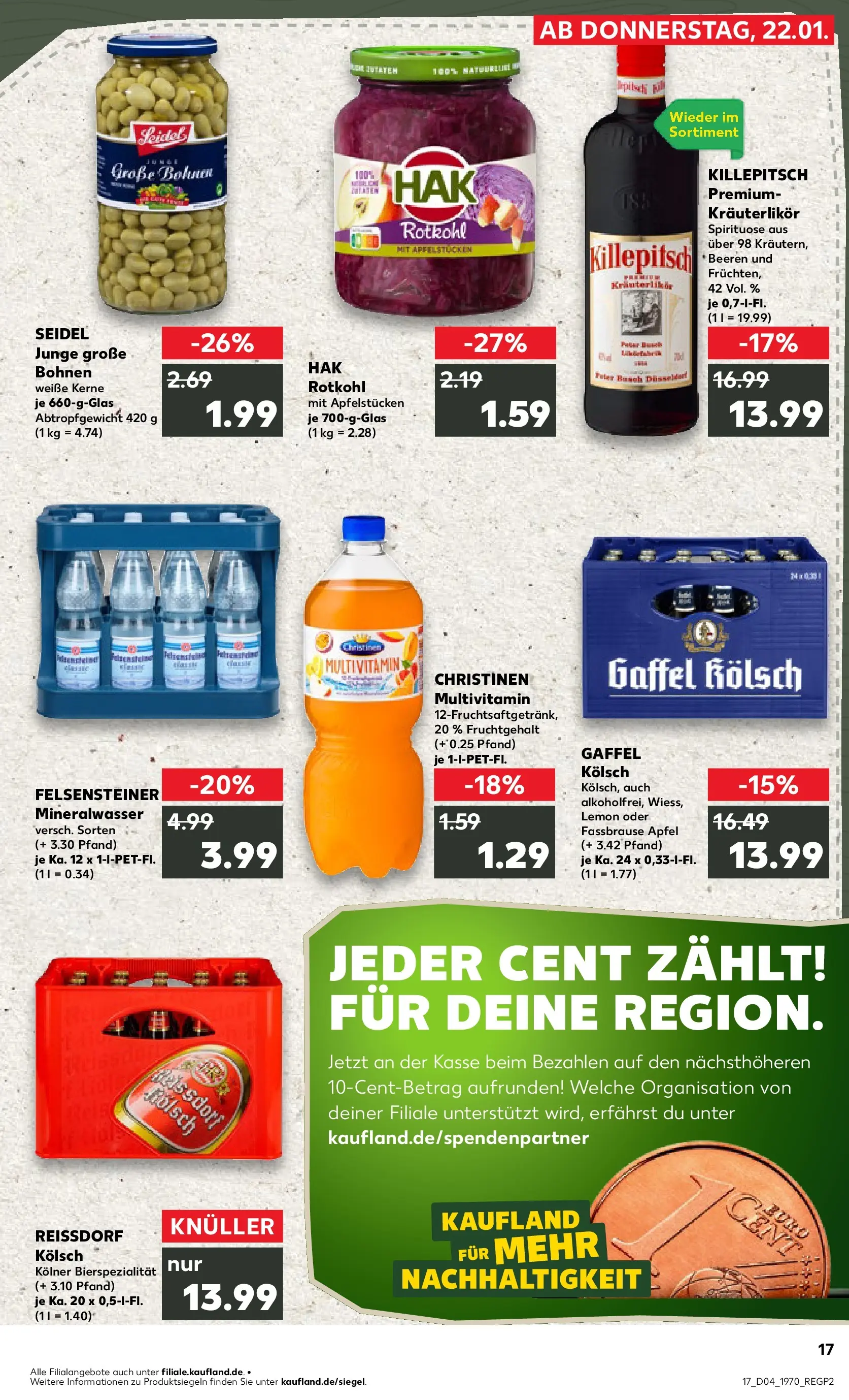 Prospekt Kaufland ab 22.01.2026 » Angebote Online zum Blättern | Seite: 17 | Produkte: Rotkohl, Äpfel, Mineralwasser, Fassbrause