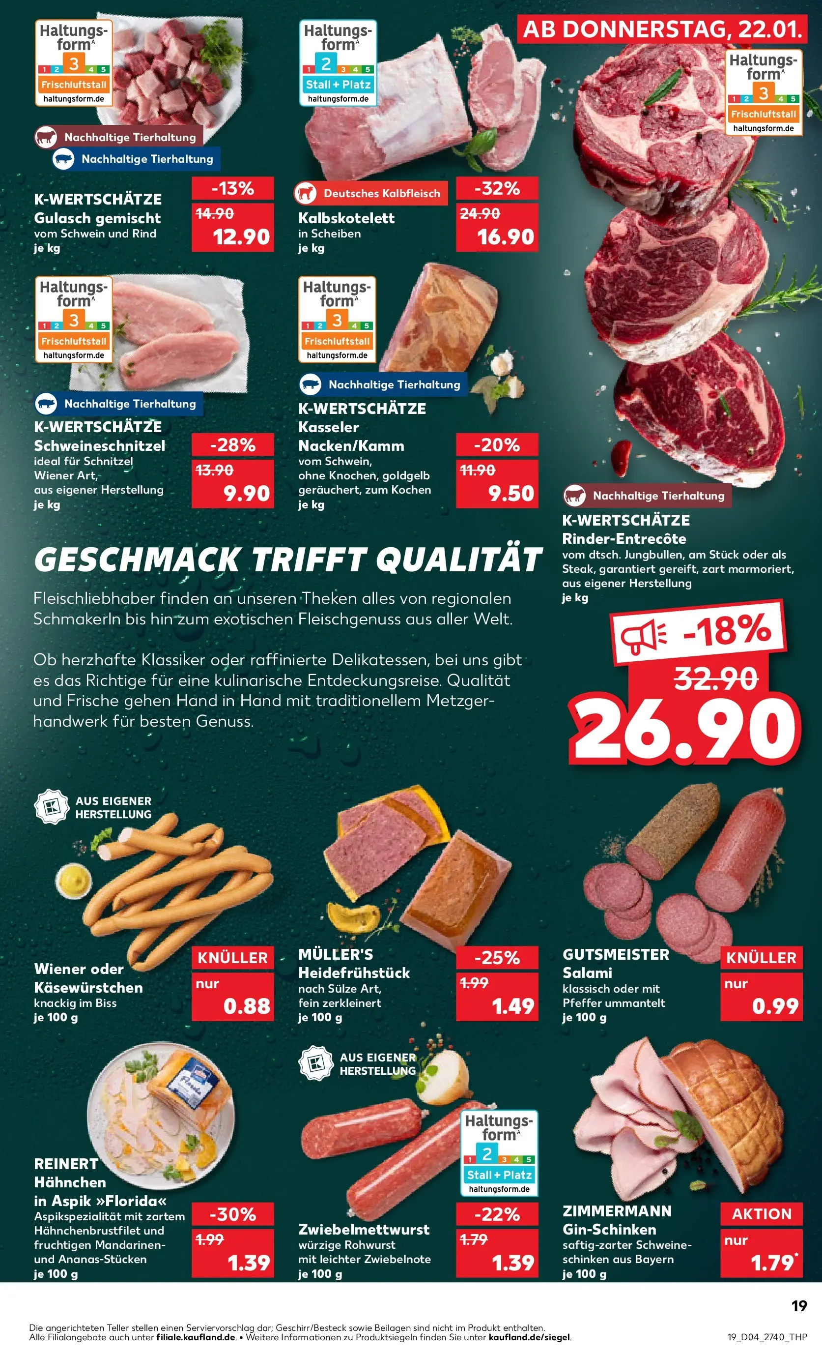 Prospekt Kaufland ab 22.01.2026 » Angebote Online zum Blättern | Seite: 19 | Produkte: Hahnchen, Entrecote, Gulasch, Salami
