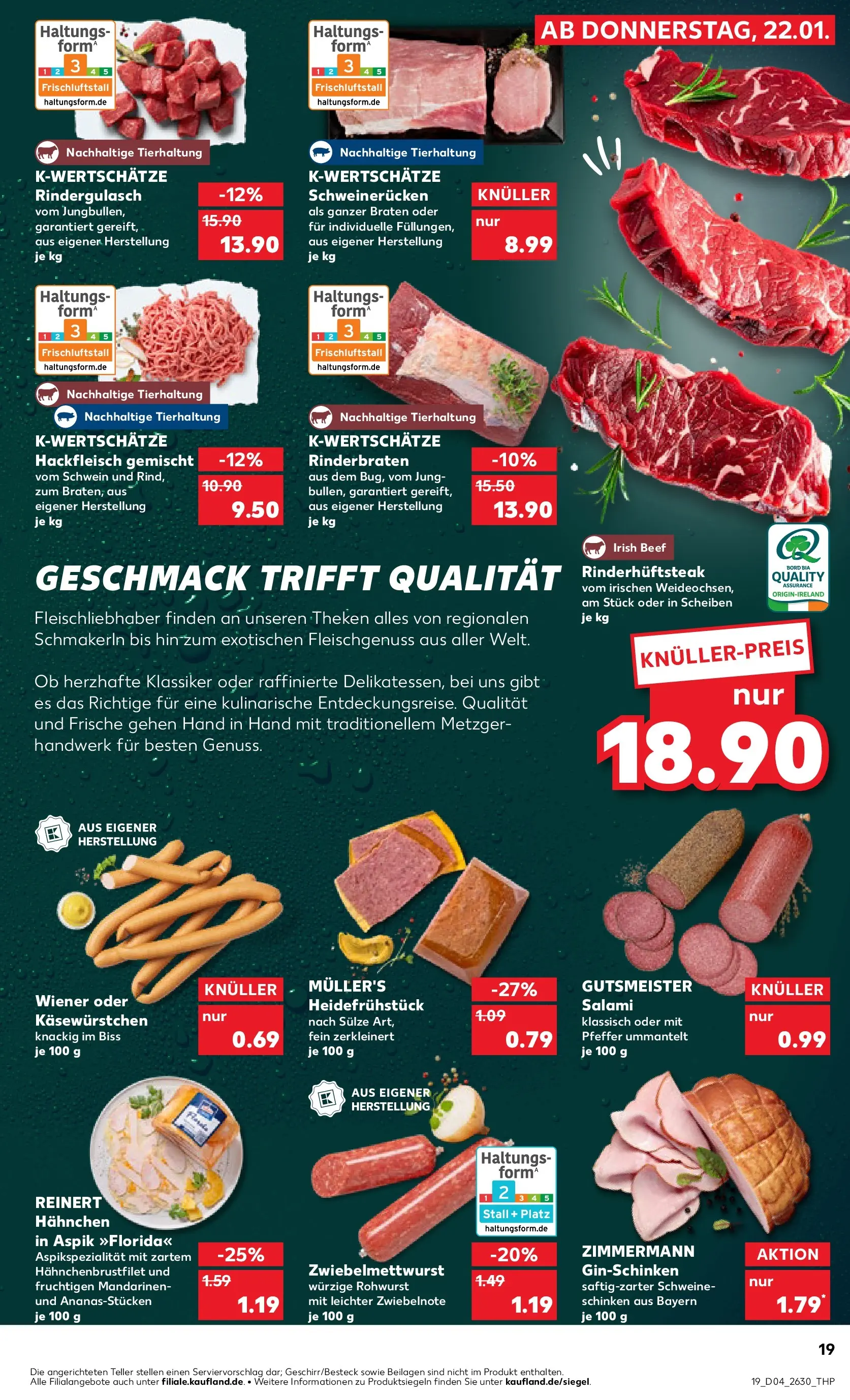 Prospekt Kaufland ab 22.01.2026 » Angebote Online zum Blättern | Seite: 19 | Produkte: Rindergulasch, Schweinerucken, Schinken, Hackfleisch