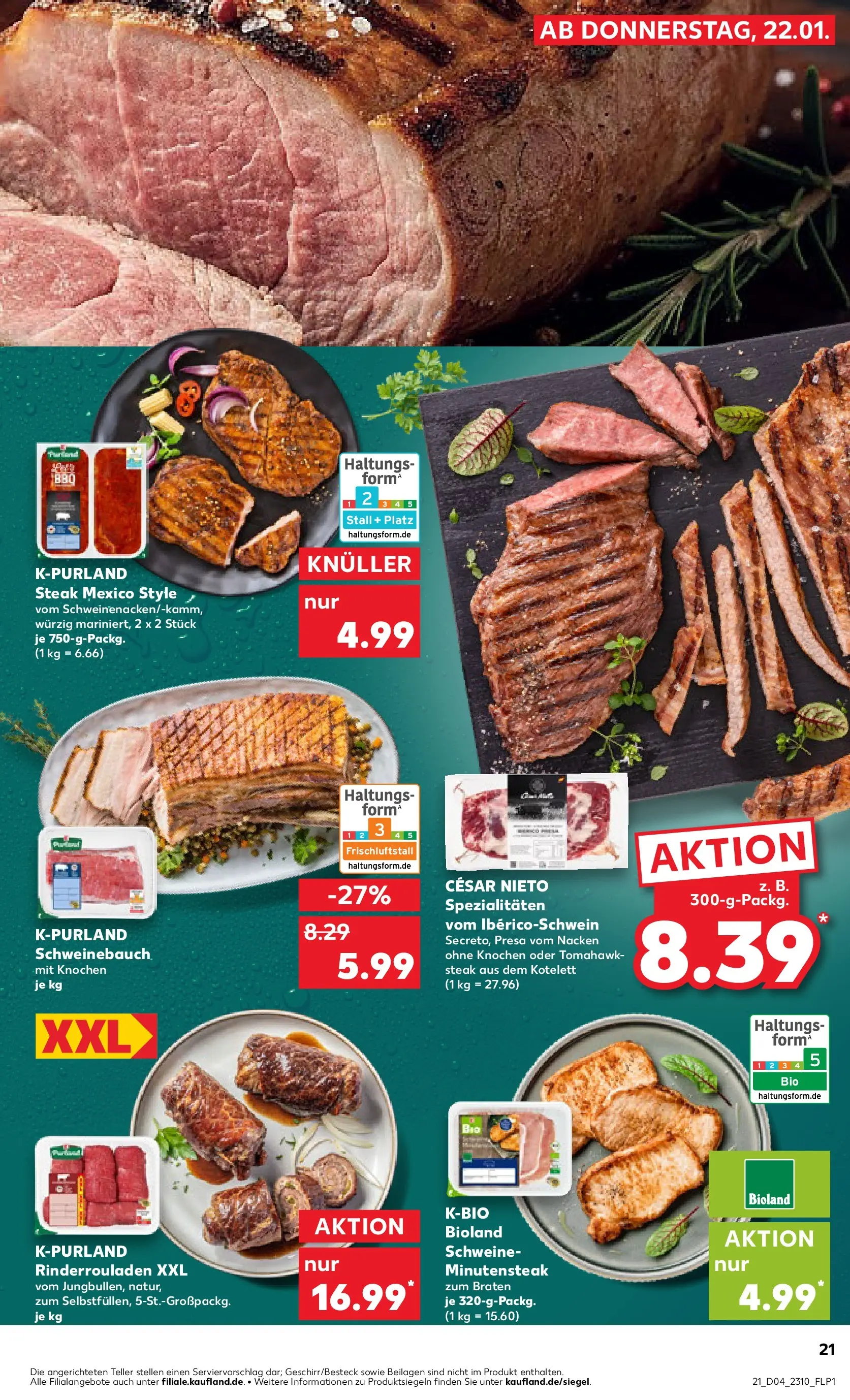 Prospekt Kaufland ab 22.01.2026 » Angebote Online zum Blättern | Seite: 21 | Produkte: Rinderrouladen, Schweinebauch, Steak