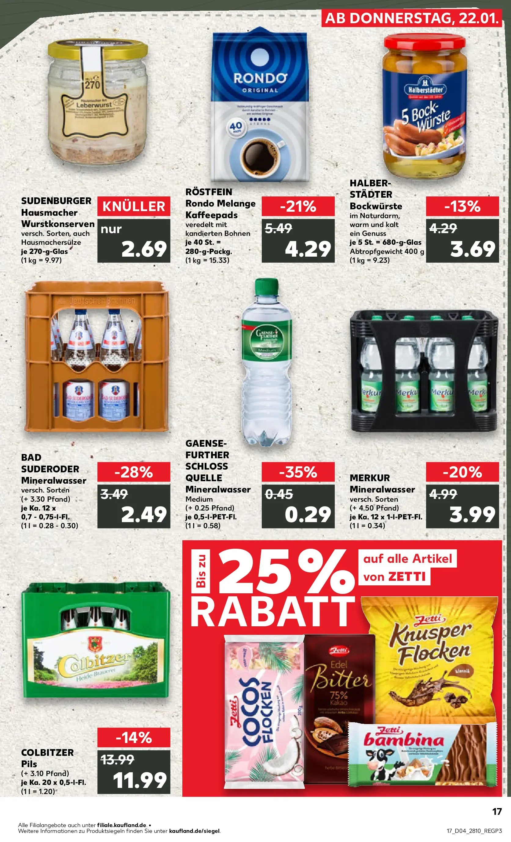 Prospekt Kaufland ab 22.01.2026 » Angebote Online zum Blättern | Seite: 17 | Produkte: Bockwurst, Bad, Pils, Mineralwasser